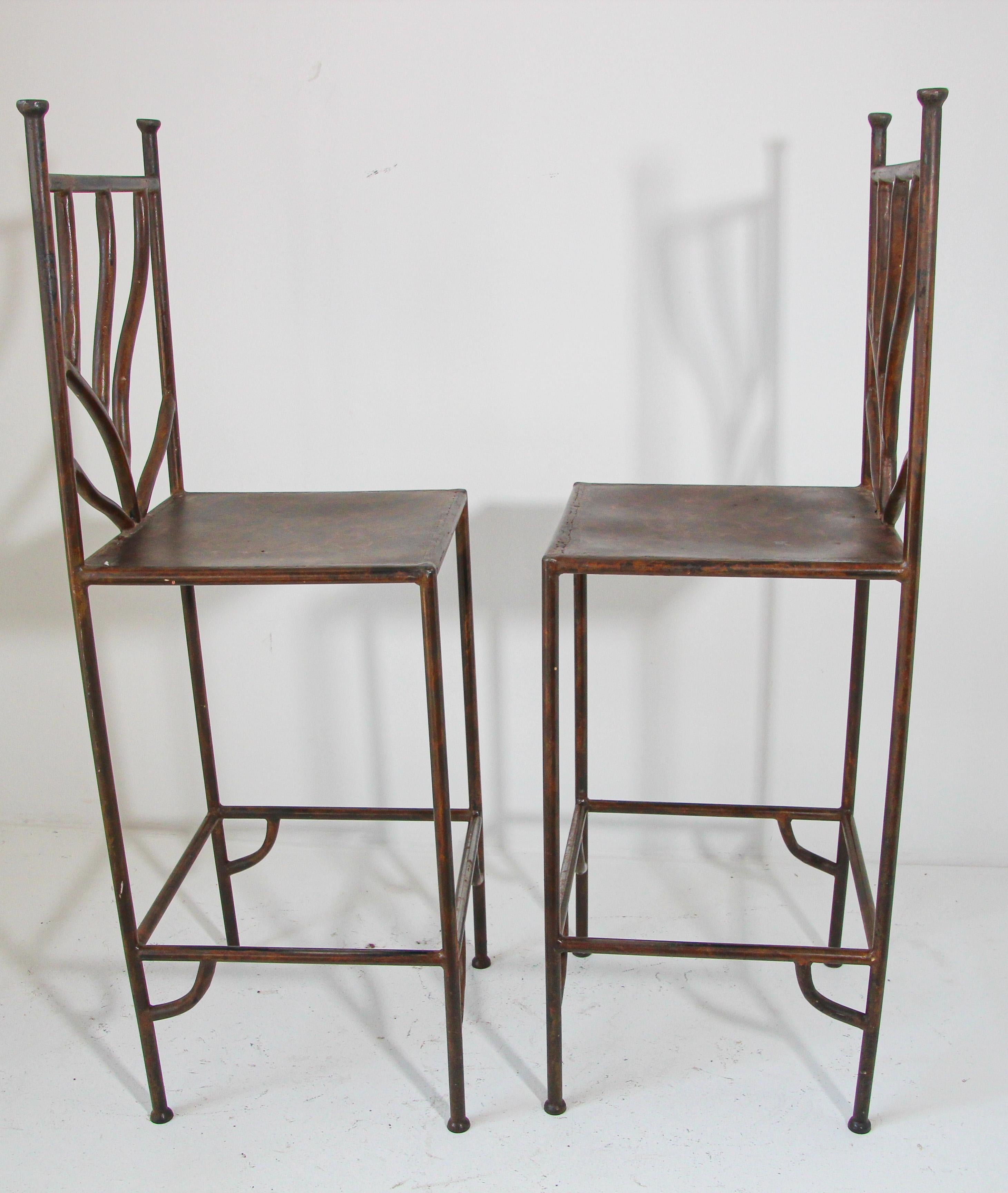 Vintage Wrought Iron Barstools with Back Set of Two Spanish Revival For Sale 3