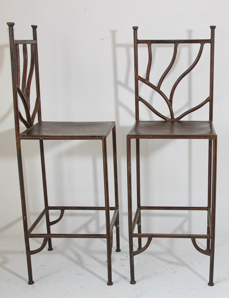 Vintage Wrought Iron Barstools with Back Set of Two Spanish Revival For