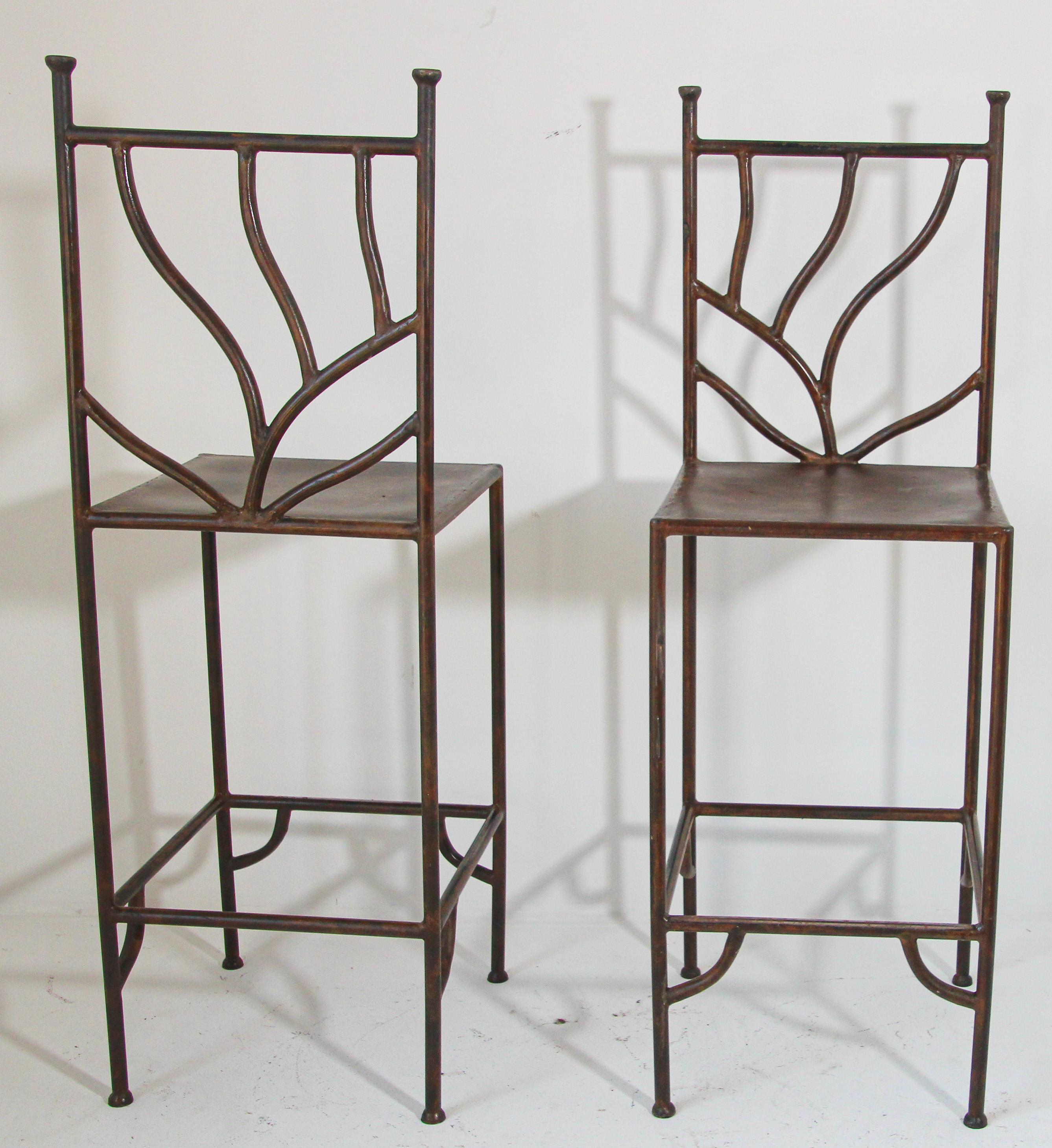 Spanish Colonial Vintage Wrought Iron Barstools with Back Set of Two Spanish Revival For Sale
