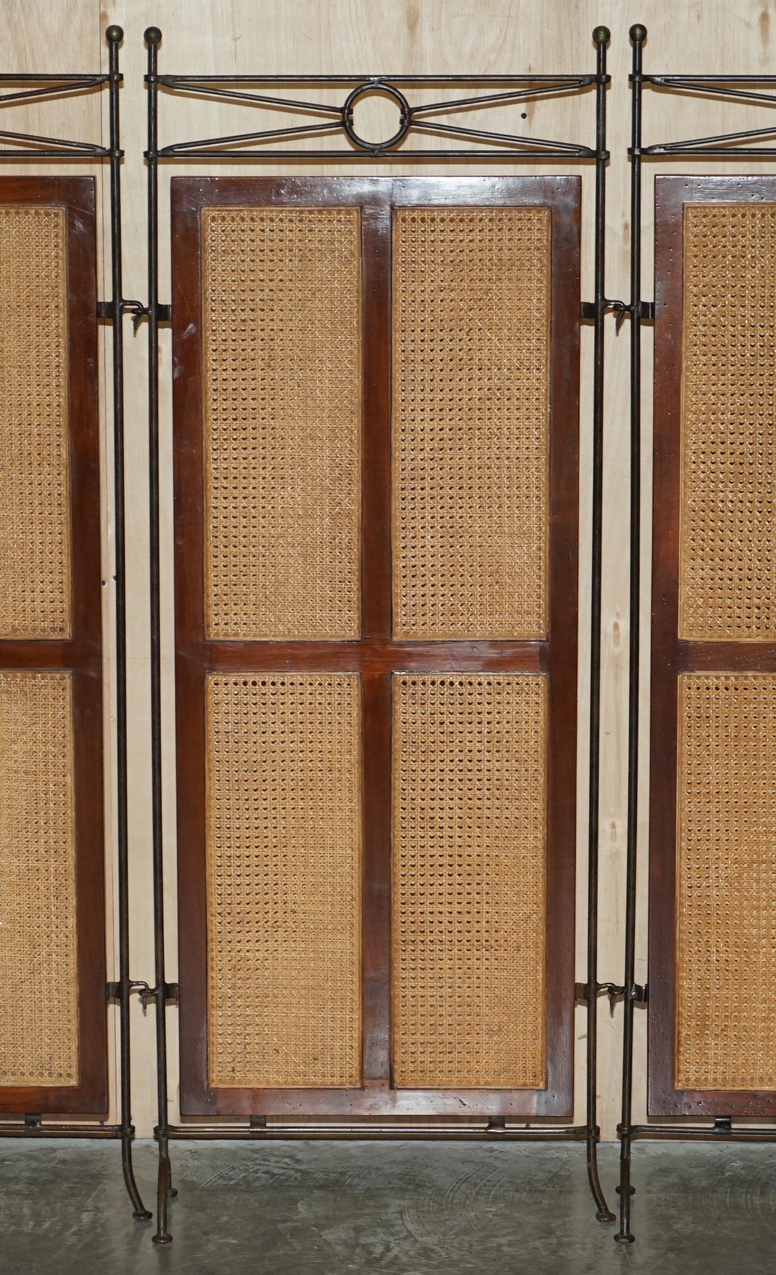 Art Deco Vintage Wrought Iron, Bergere & Hardwood Triple Panel Room Divider For Sale