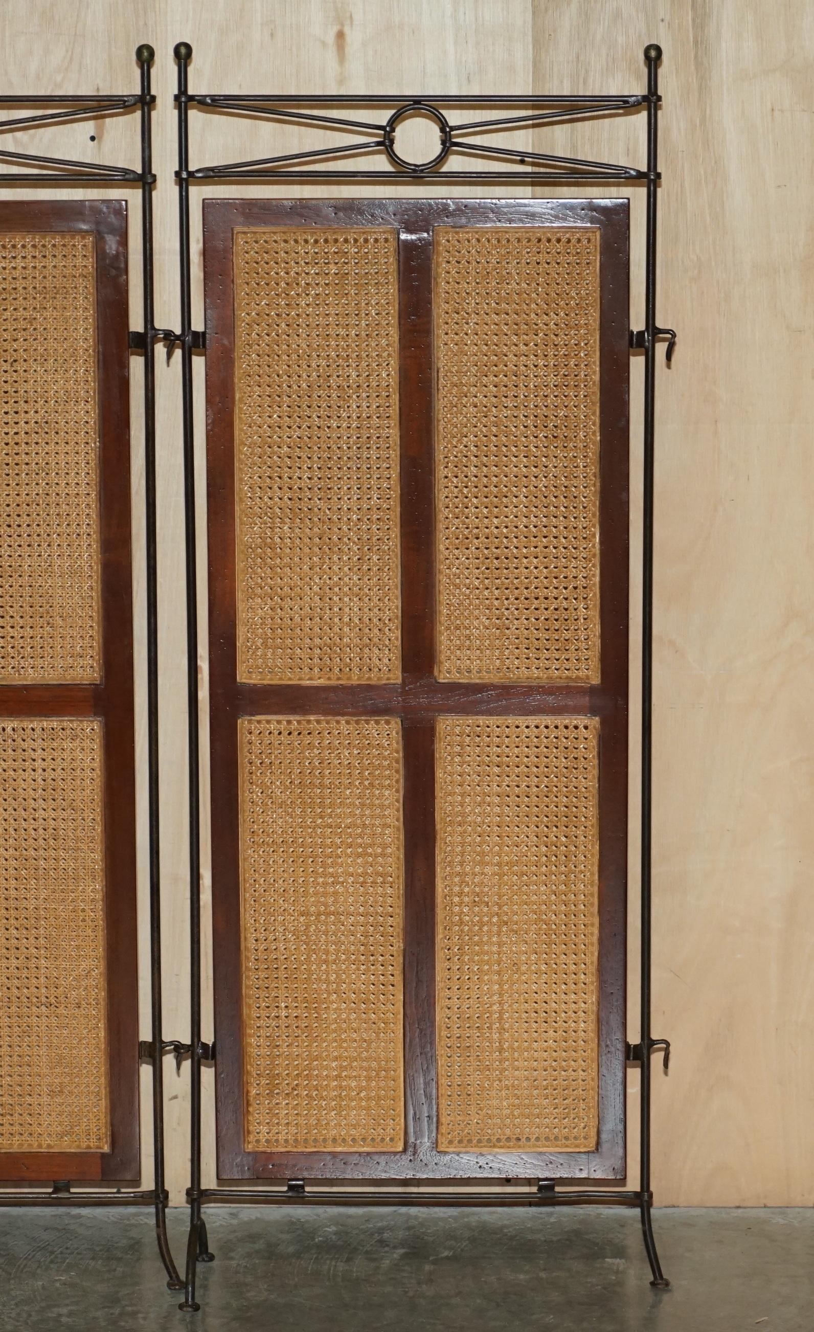 Art Deco Vintage Wrought Iron, Bergere & Hardwood Triple Panel Room Divider For Sale