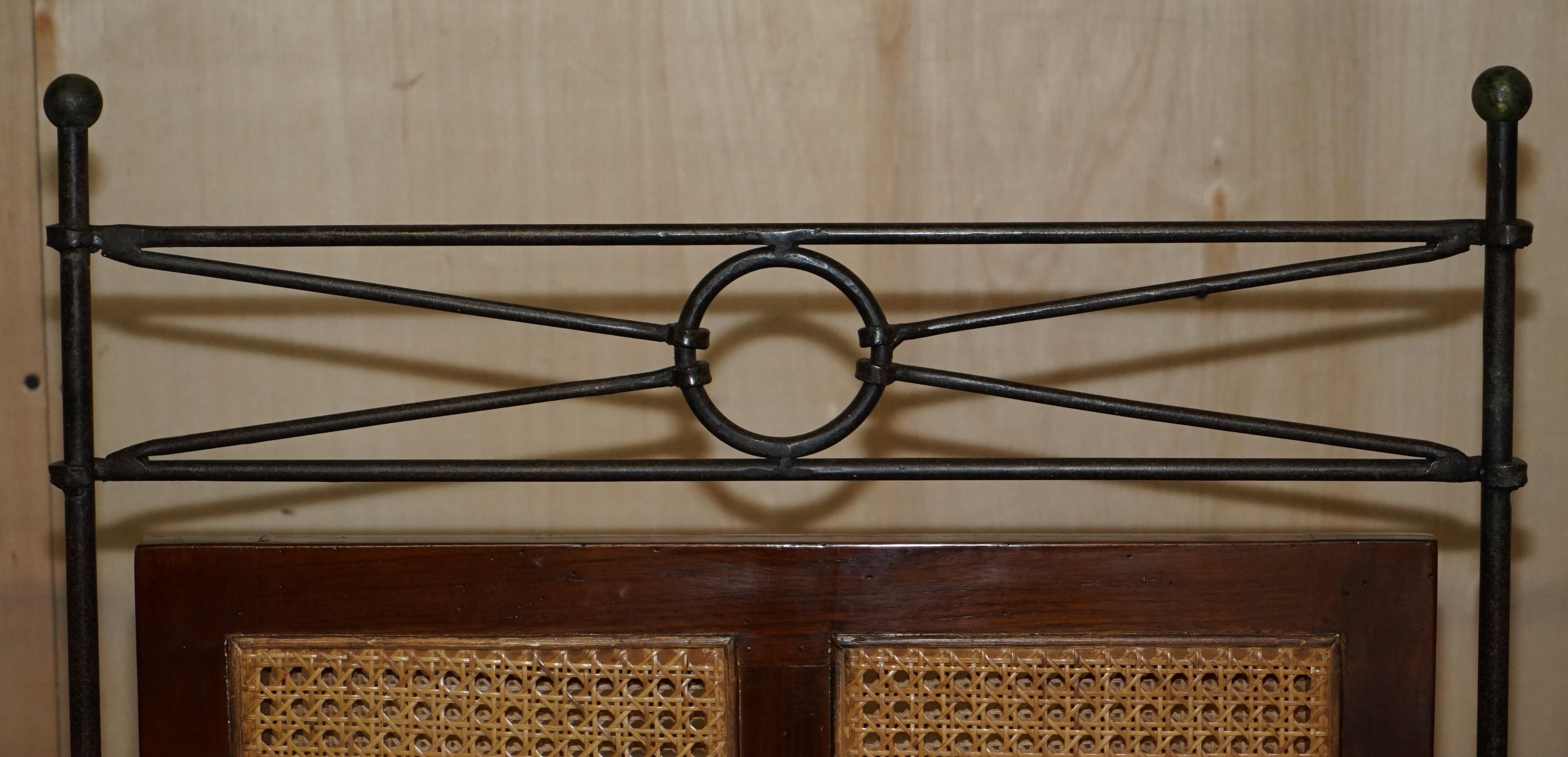 Hand-Crafted Vintage Wrought Iron, Bergere & Hardwood Triple Panel Room Divider For Sale