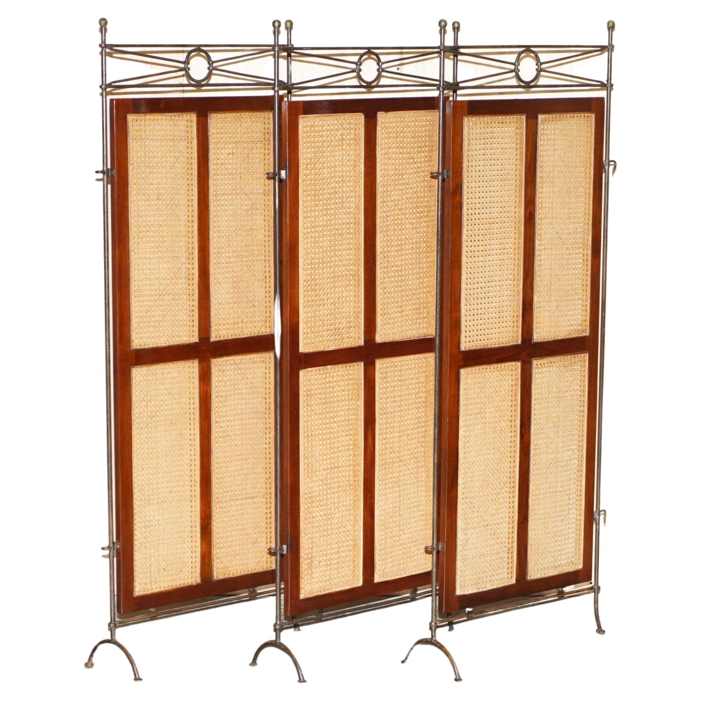 Vintage Wrought Iron, Bergere & Hardwood Triple Panel Room Divider For Sale