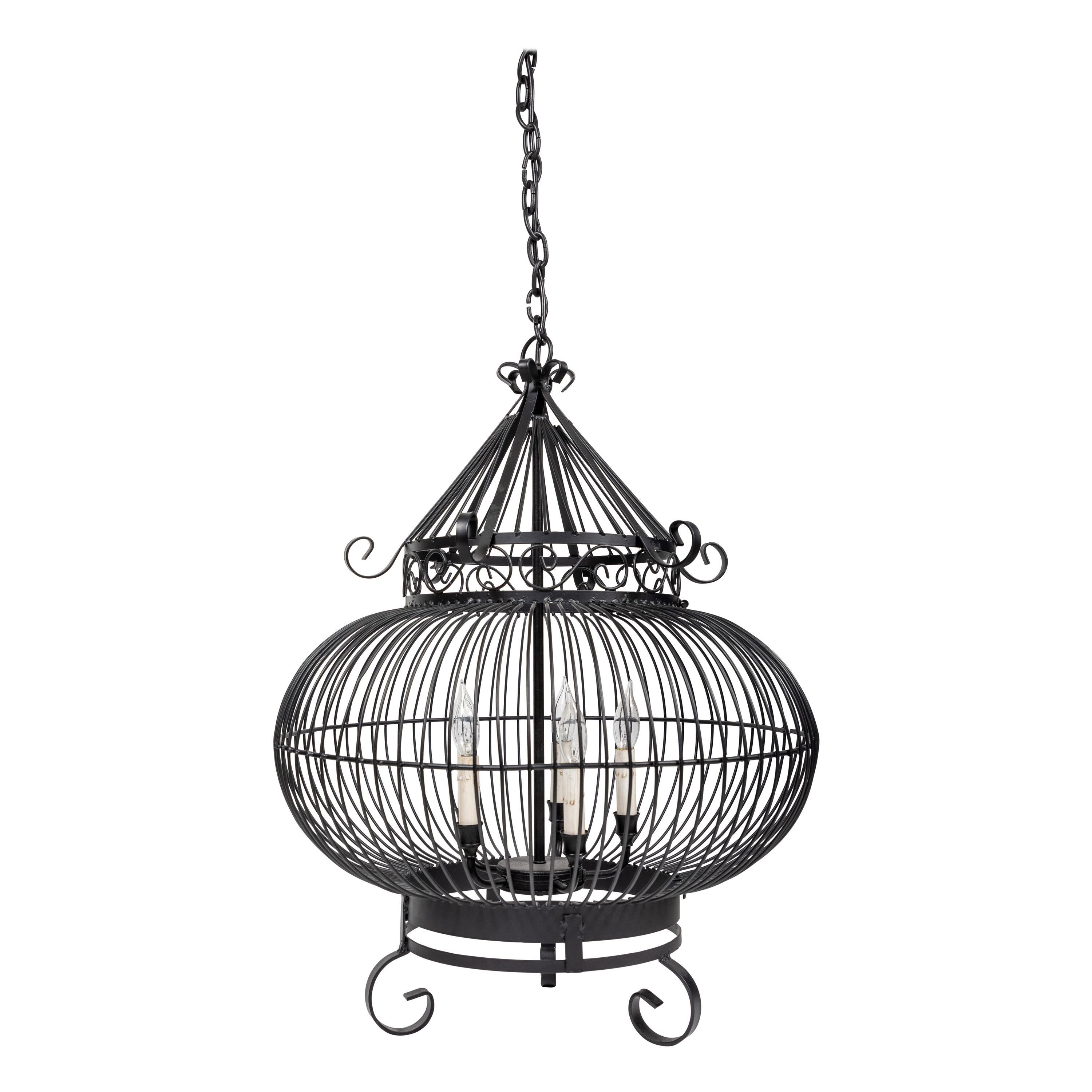 Vintage Wrought Iron Birdcage Hanging Light For Sale