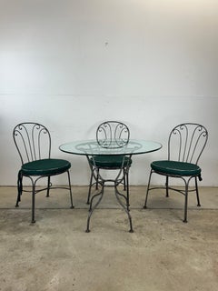 Vintage Wrought Iron Bistro Set with Glass Top Table & 3 Chairs