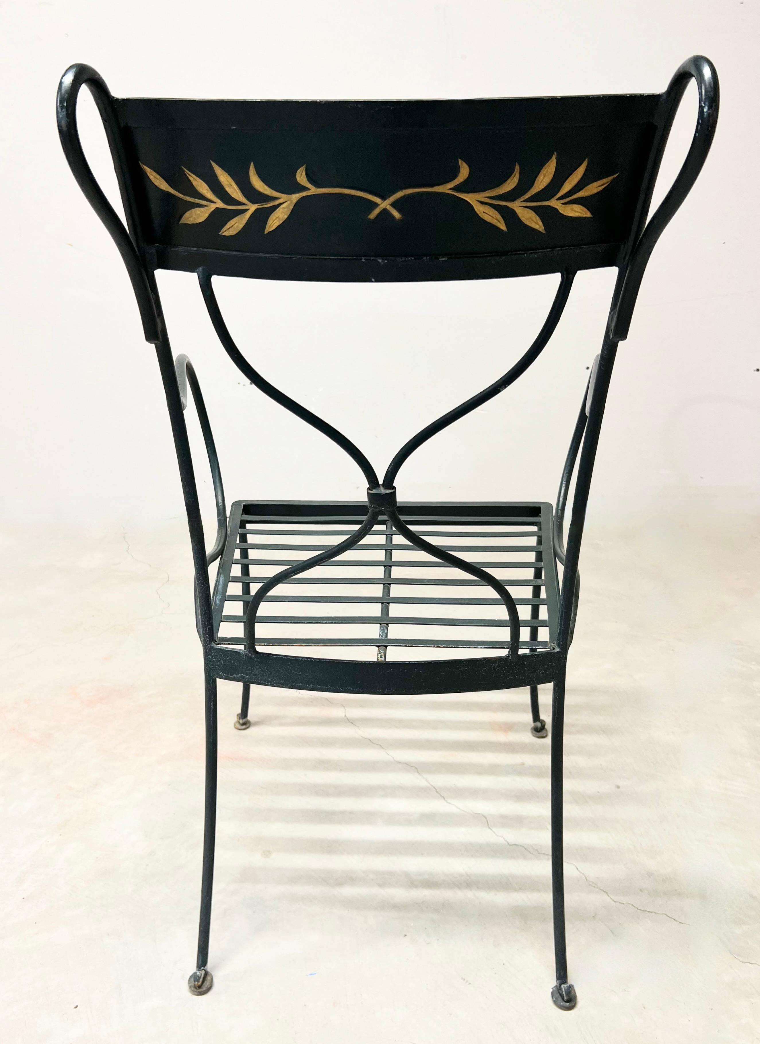 Hollywood Regency Vintage Wrought Iron Black Metal Indoor Outdoor Patio Chairs Furniture Gold Leav For Sale