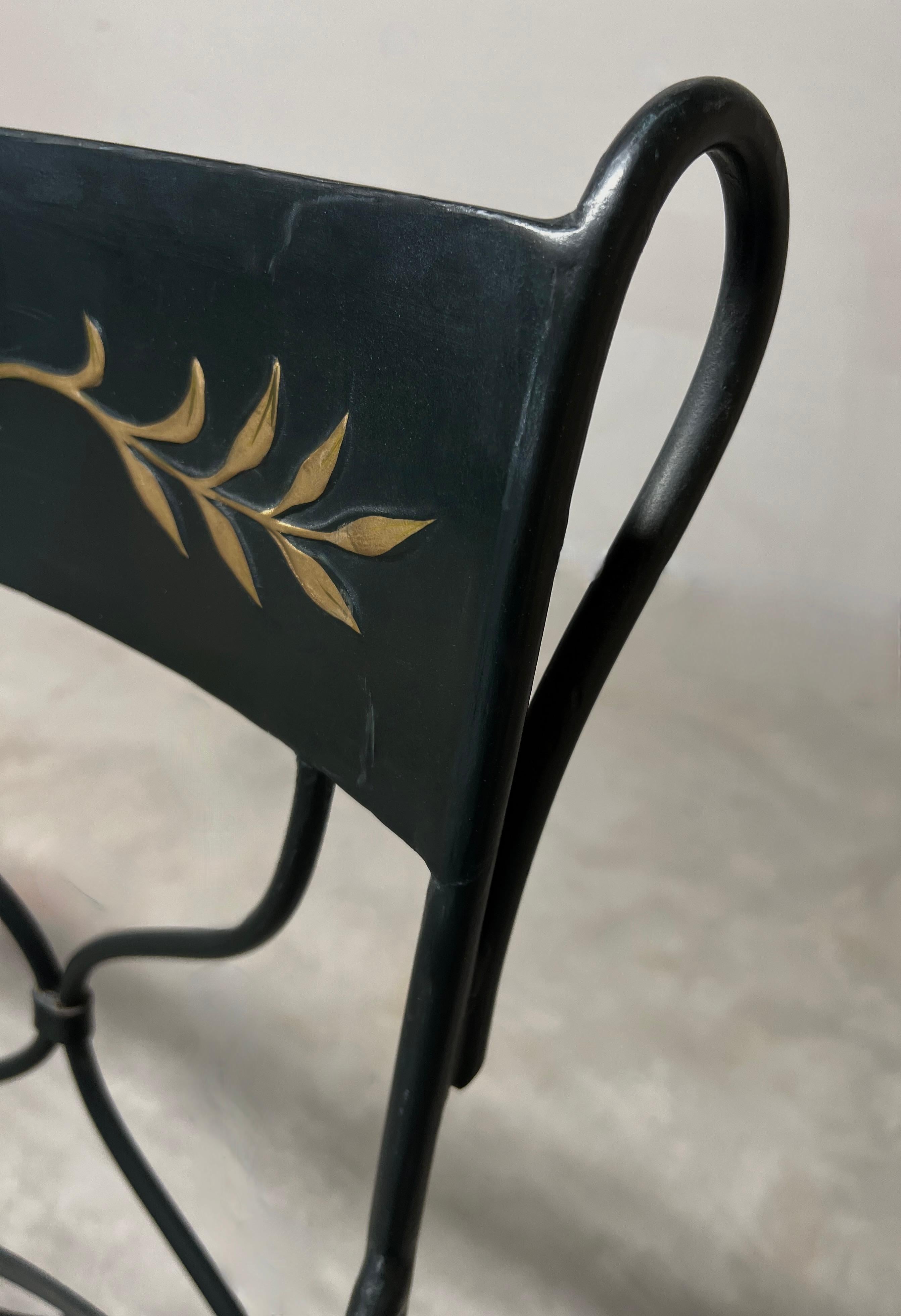 20th Century Vintage Wrought Iron Black Metal Indoor Outdoor Patio Chairs Furniture Gold Leav For Sale