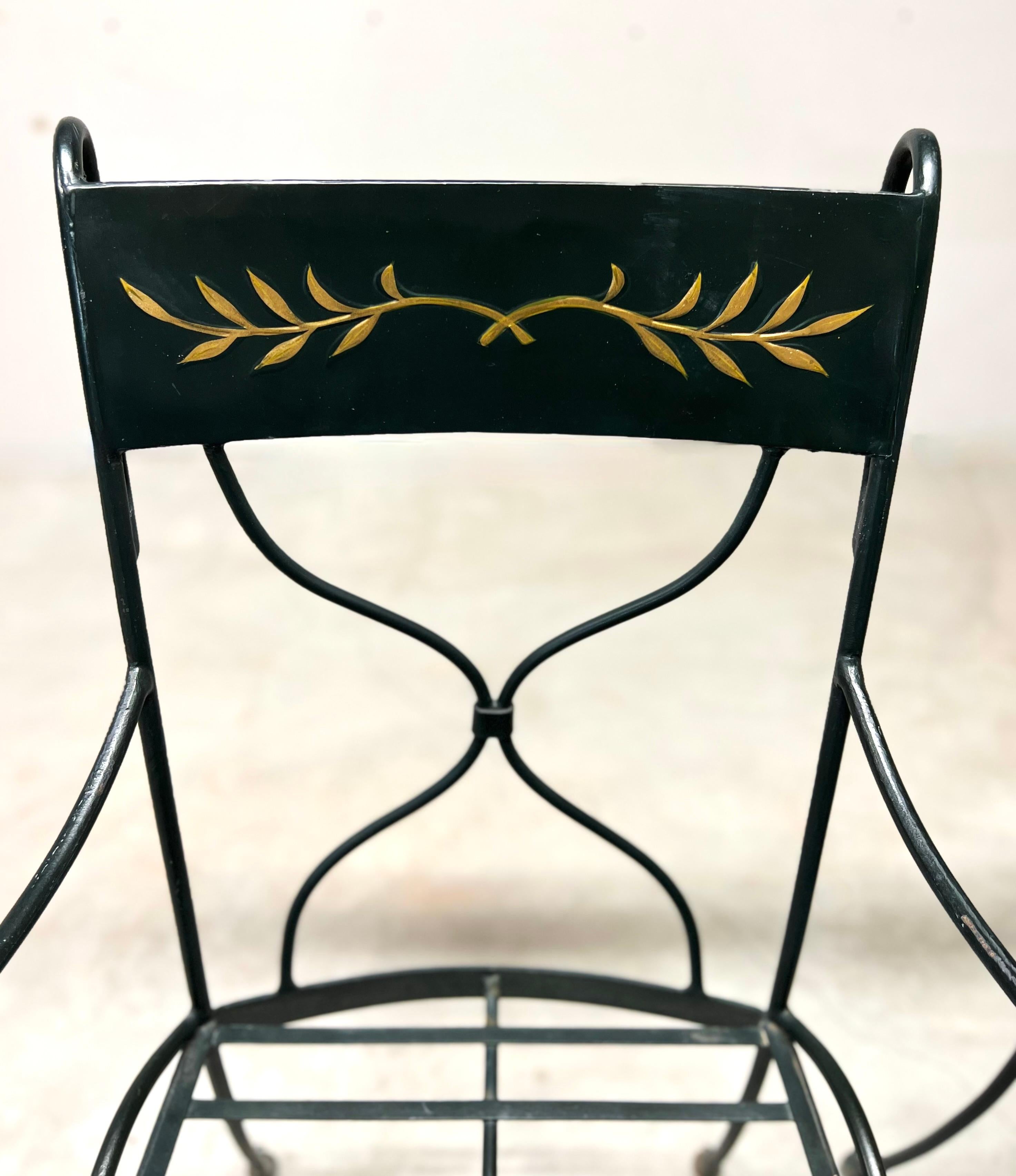 Vintage Wrought Iron Black Metal Indoor Outdoor Patio Chairs Furniture Gold Leav For Sale 1