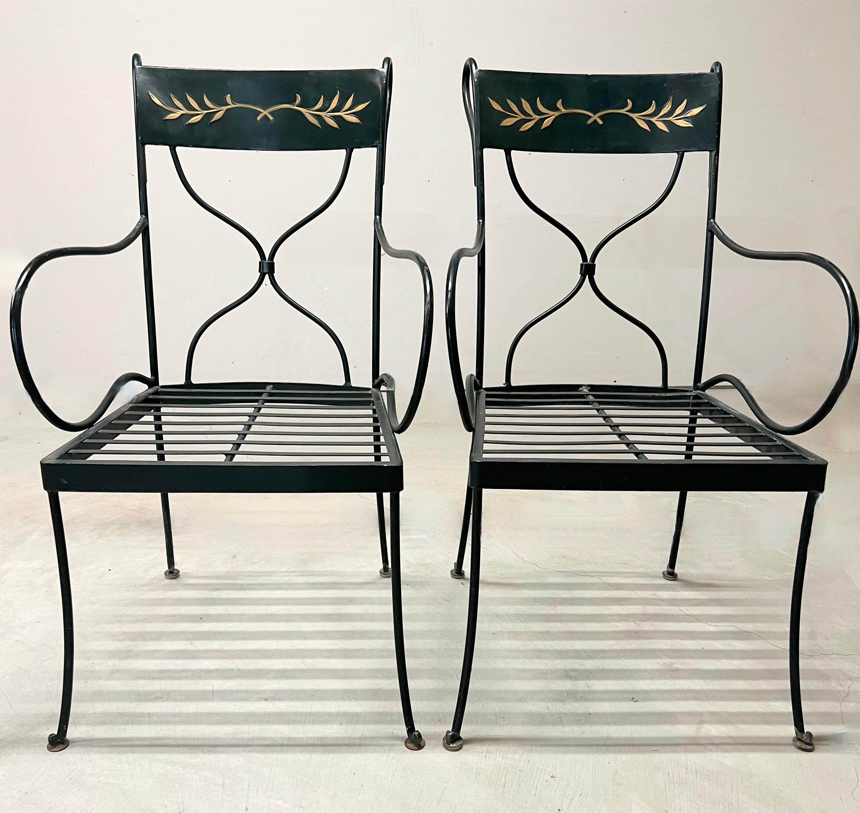 Vintage Wrought Iron Black Metal Indoor Outdoor Patio Chairs Furniture Gold Leav For Sale 2