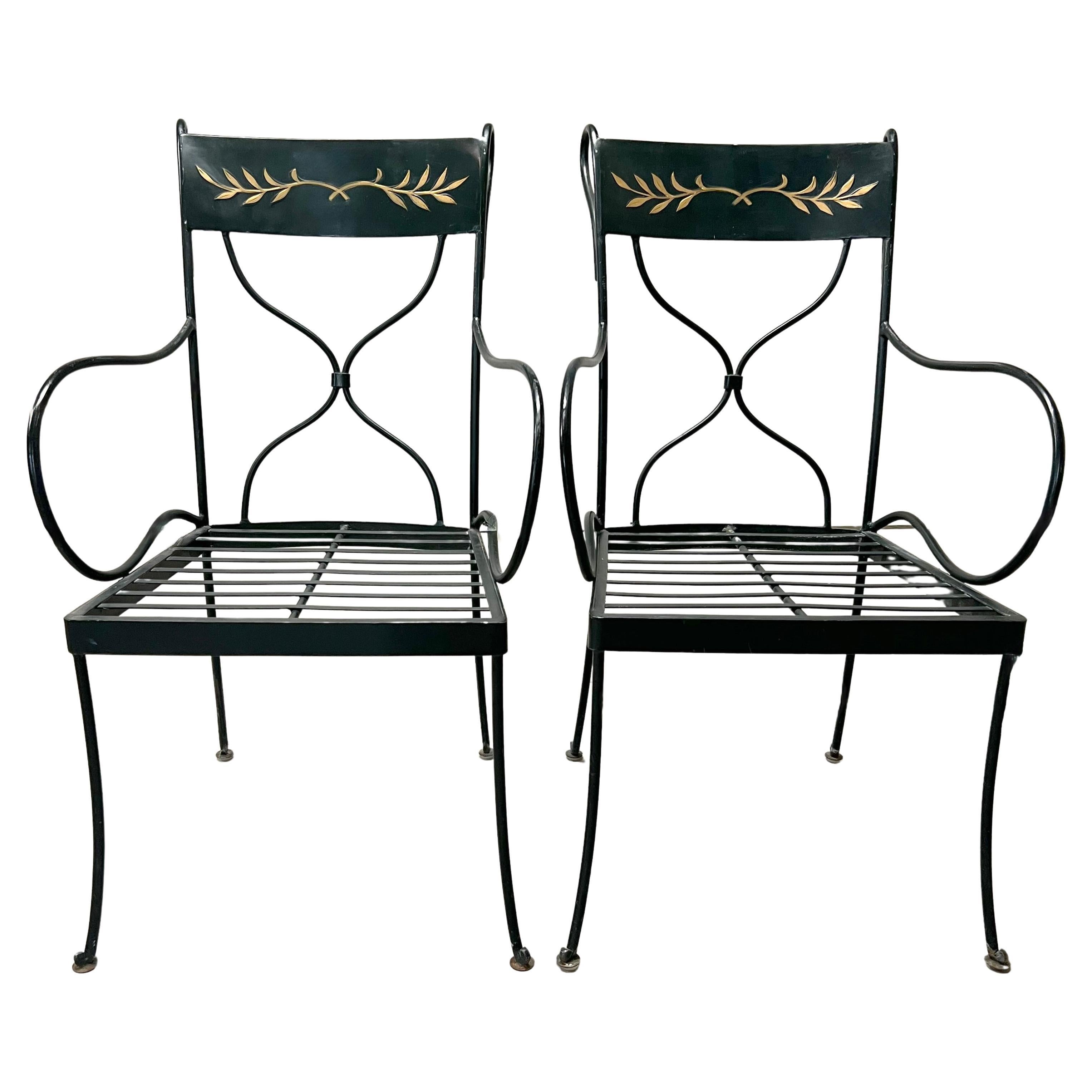 Vintage Wrought Iron Black Metal Indoor Outdoor Patio Chairs Furniture Gold Leav For Sale