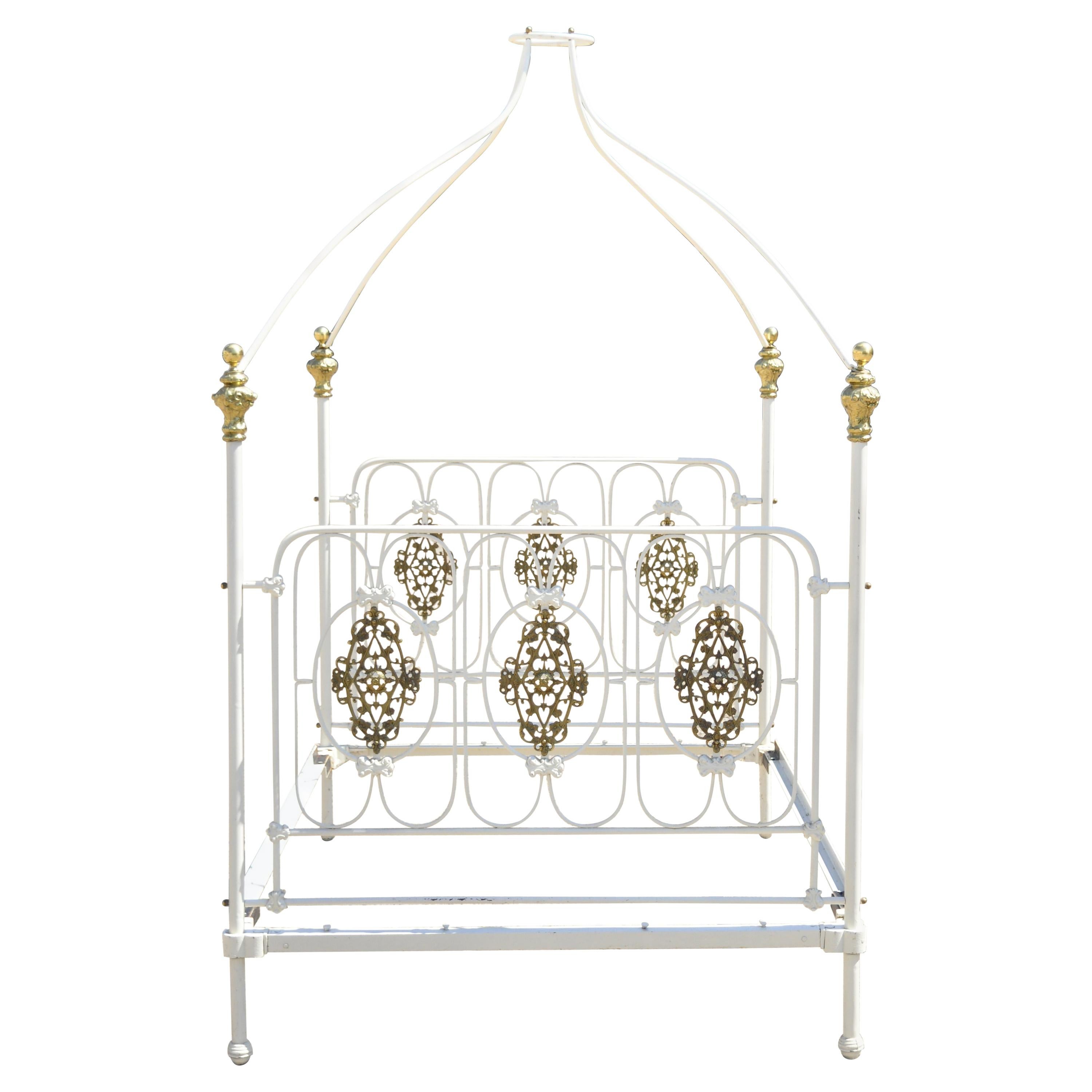 Vintage Wrought Iron Brass French Victorian Full Size Poster Bed Frame w/ Canopy