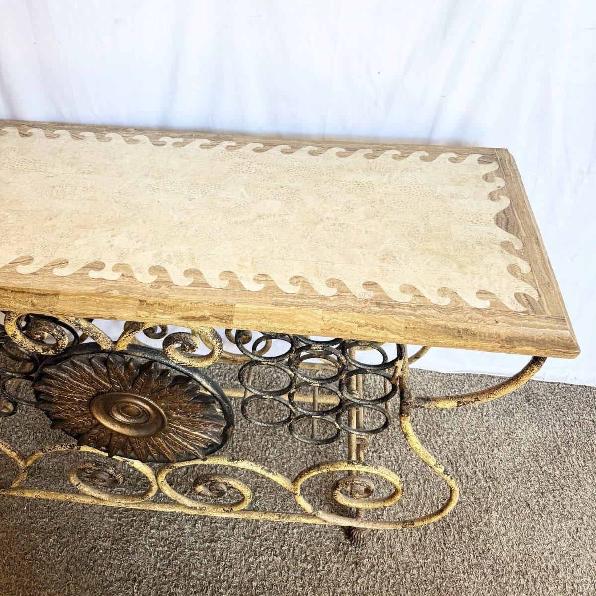Vintage Wrought Iron Console Table With Tessellated Stone Top and Wine Rack For Sale 5