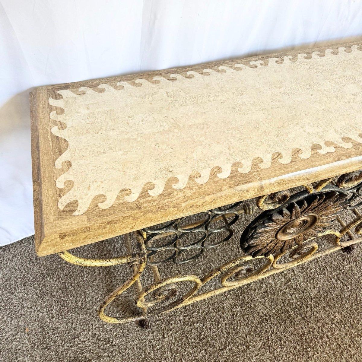 Vintage Wrought Iron Console Table With Tessellated Stone Top and Wine Rack For Sale 6
