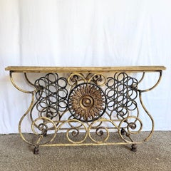 Vintage Wrought Iron Console Table With Tessellated Stone Top and Wine Rack