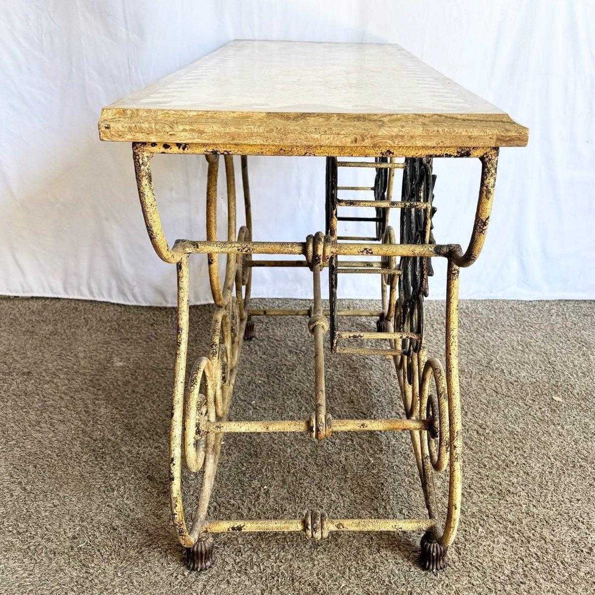 Philippine Vintage Wrought Iron Console Table With Tessellated Stone Top and Wine Rack For Sale