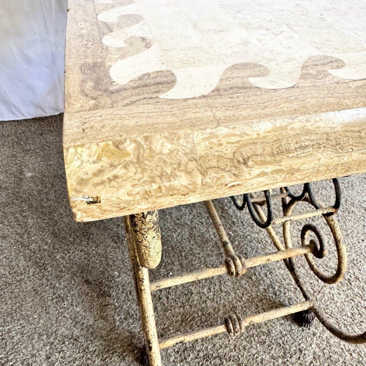 Late 20th Century Vintage Wrought Iron Console Table With Tessellated Stone Top and Wine Rack For Sale