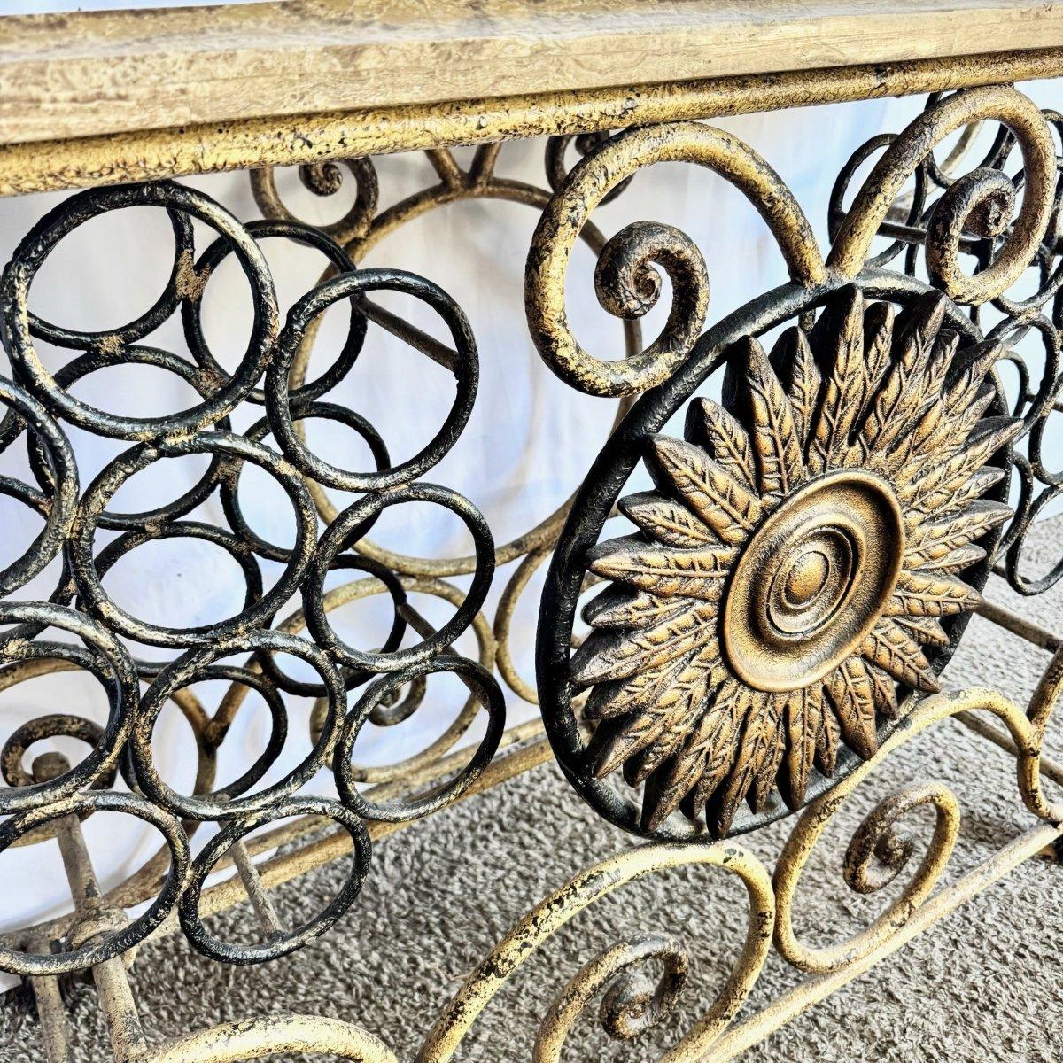 Vintage Wrought Iron Console Table With Tessellated Stone Top and Wine Rack For Sale 3