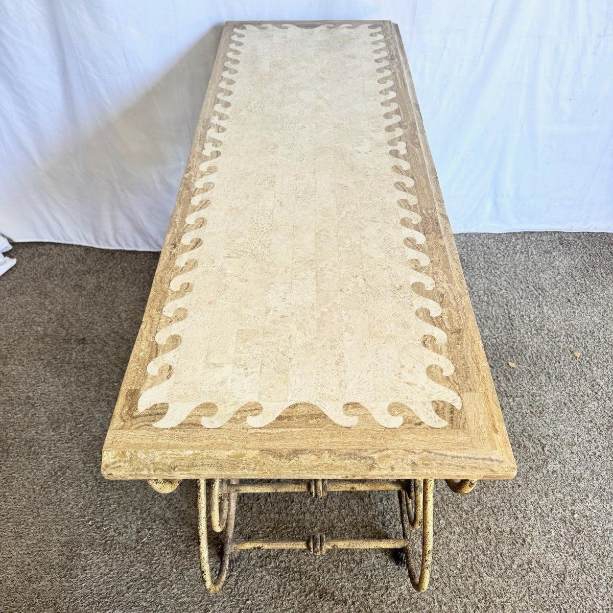 Vintage Wrought Iron Console Table With Tessellated Stone Top and Wine Rack For Sale 4