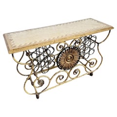 Vintage Wrought Iron Console Table With Tessellated Stone Top and Wine Rack