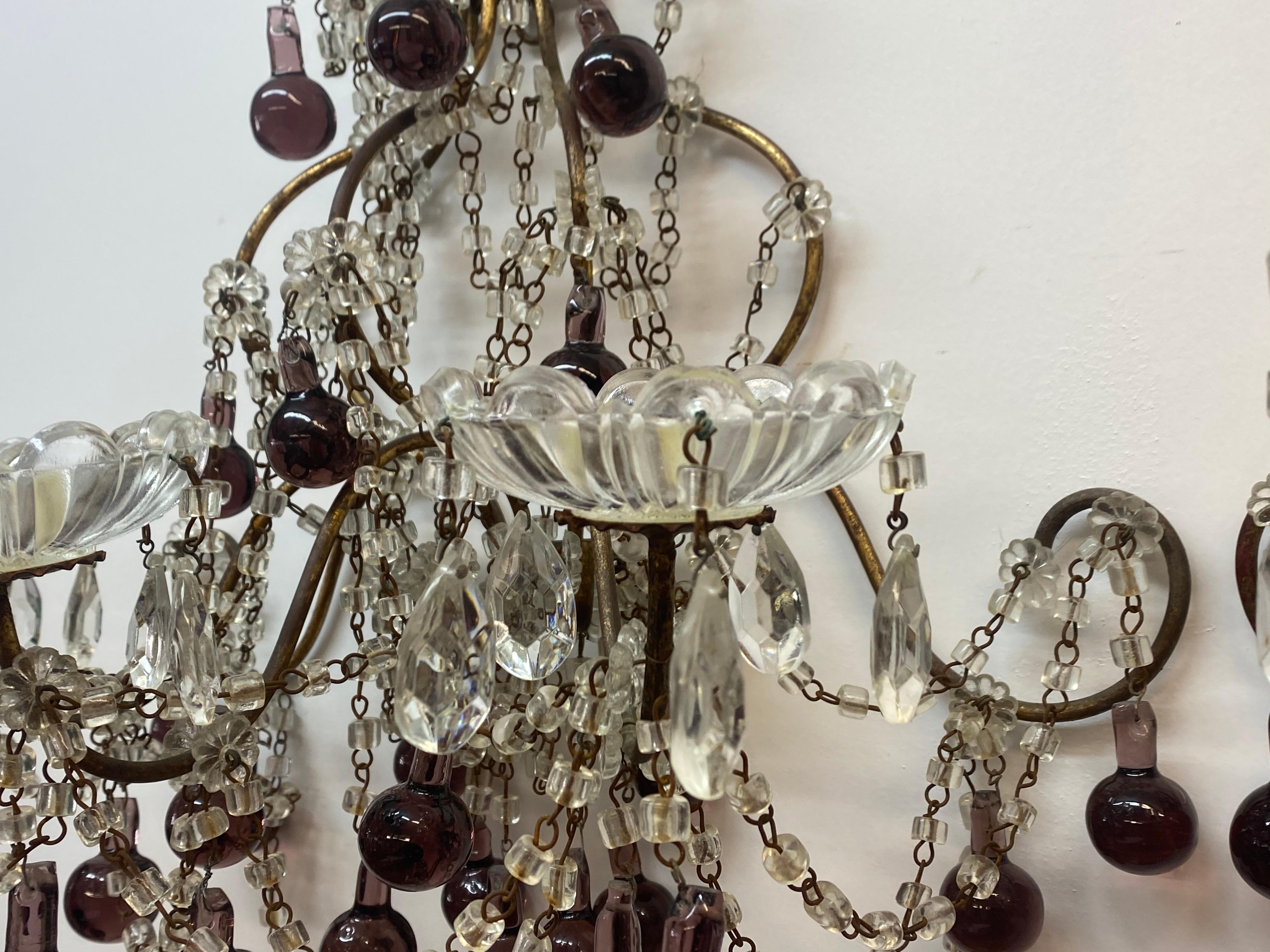 Vintage Wrought Iron, Crystal & Glass Wall Sconces, c.1930 For Sale 4