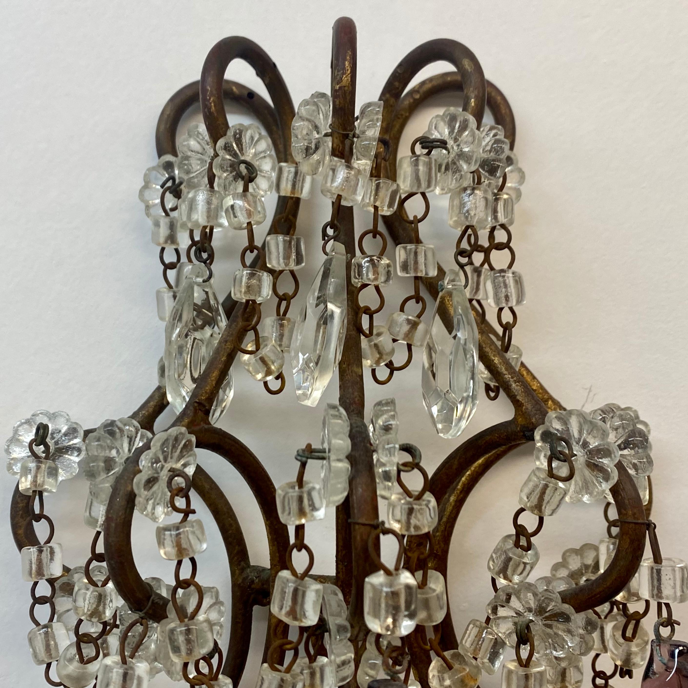 Vintage Wrought Iron, Crystal & Glass Wall Sconces, c.1930 For Sale 6