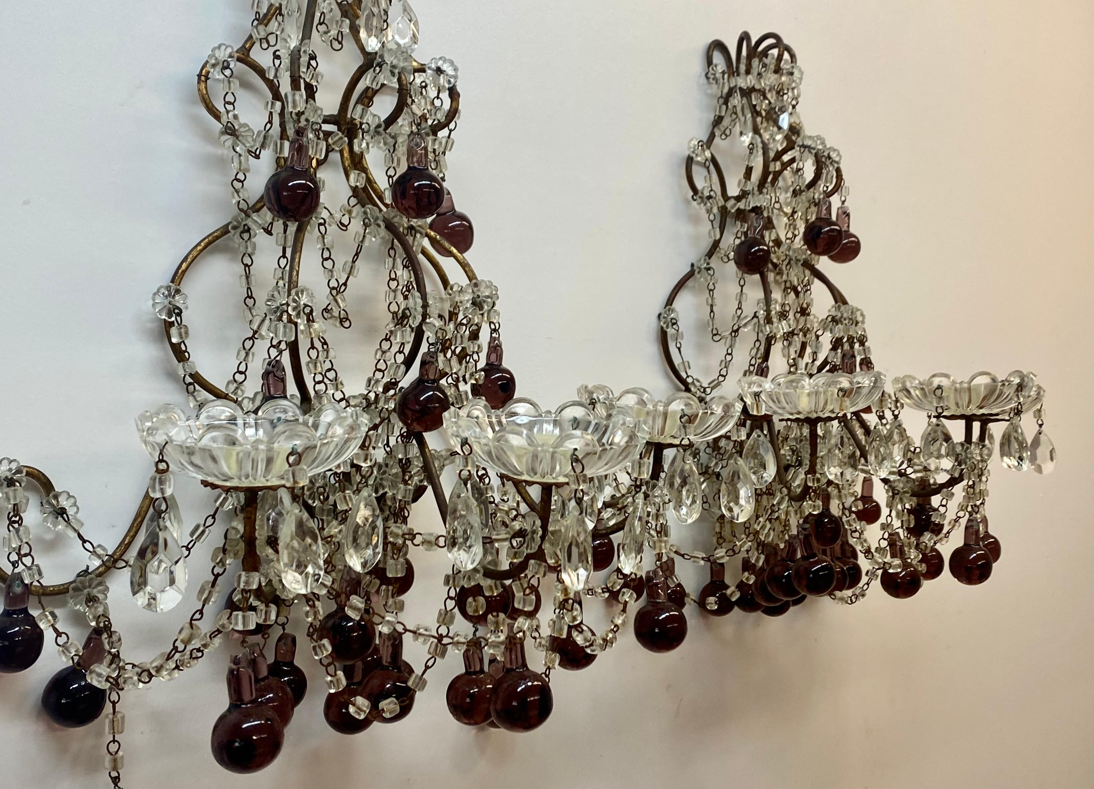 Art Deco Vintage Wrought Iron, Crystal & Glass Wall Sconces, c.1930 For Sale