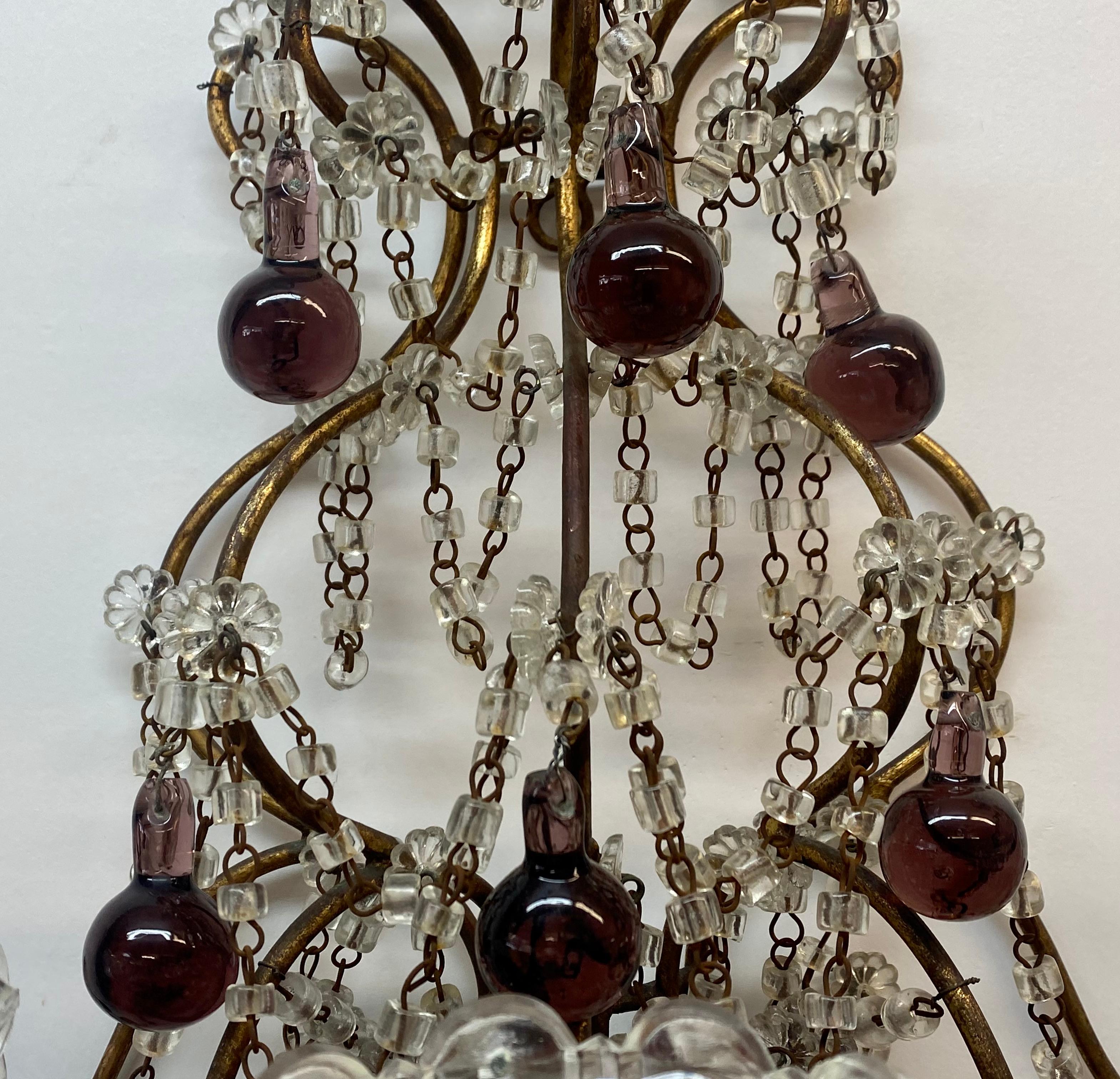 Vintage Wrought Iron, Crystal & Glass Wall Sconces, c.1930 In Good Condition For Sale In San Francisco, CA