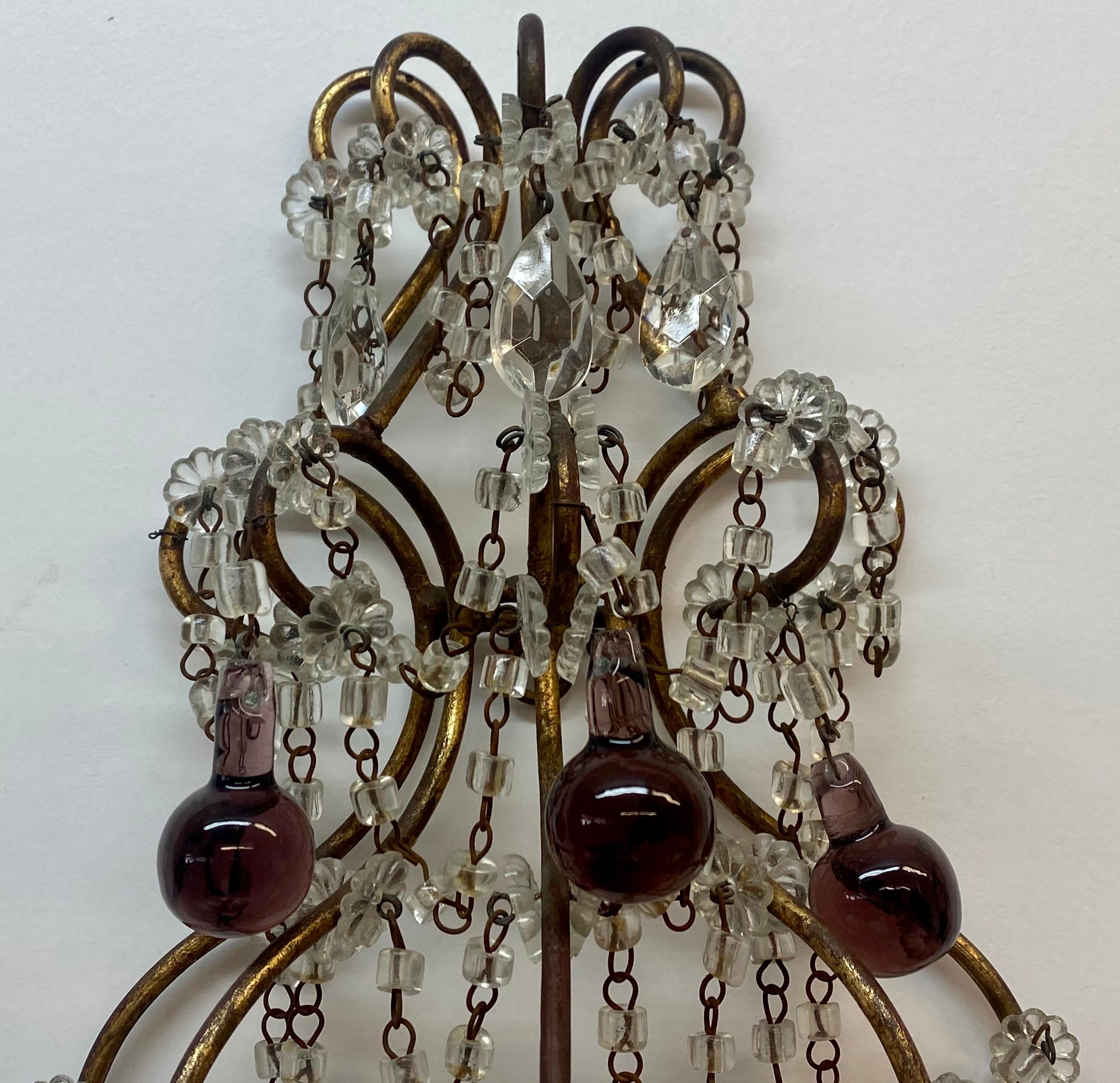 20th Century Vintage Wrought Iron, Crystal & Glass Wall Sconces, c.1930 For Sale