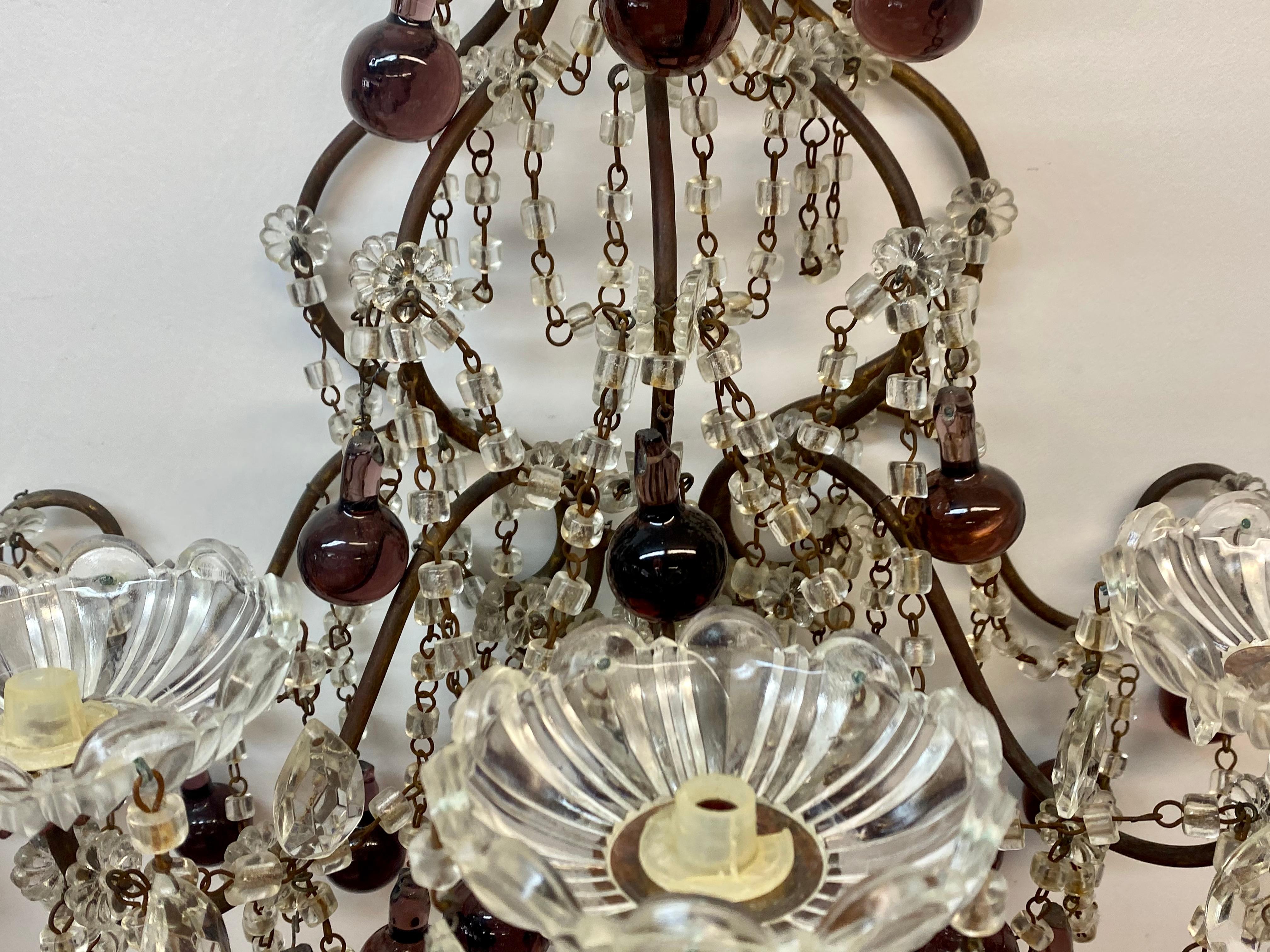 Vintage Wrought Iron, Crystal & Glass Wall Sconces, c.1930 For Sale 1