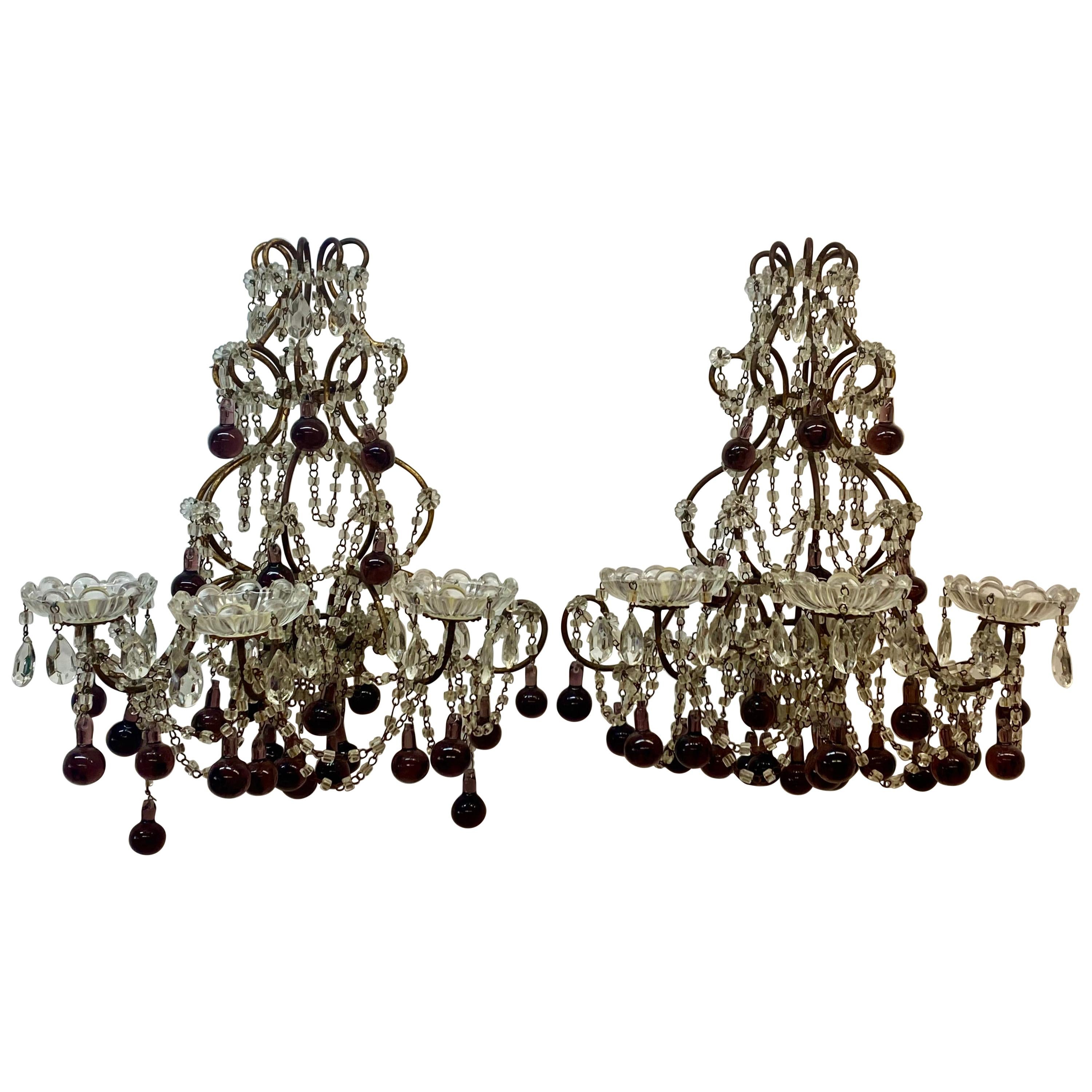 Vintage Wrought Iron, Crystal & Glass Wall Sconces, c.1930