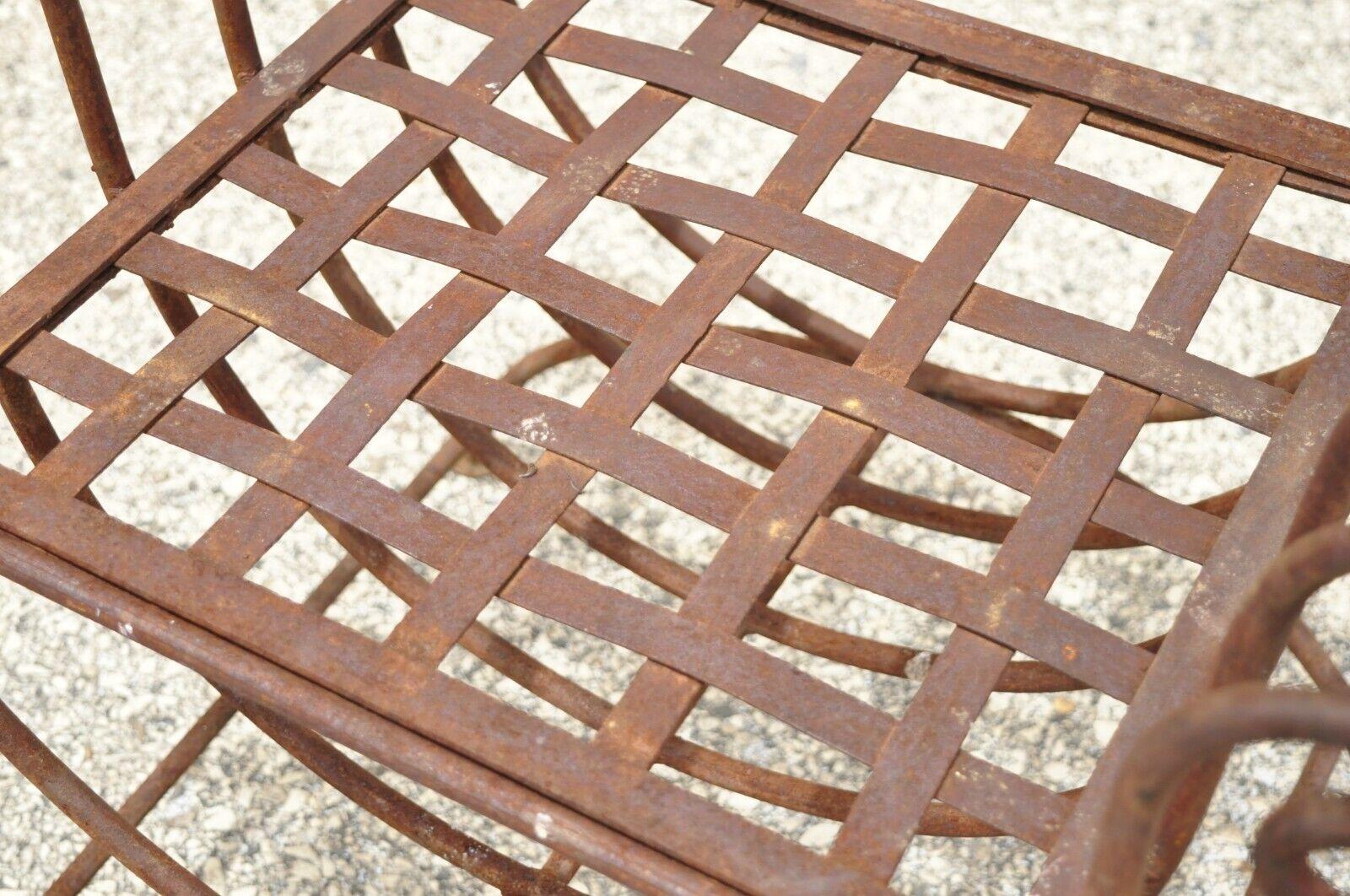Vintage Wrought Iron Curule Bench Scrolling Rusty Metal Bench X - Frame In Distressed Condition In Philadelphia, PA