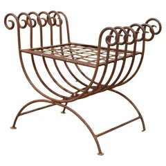 Vintage Wrought Iron Curule Bench Scrolling Rusty Metal Bench X - Frame