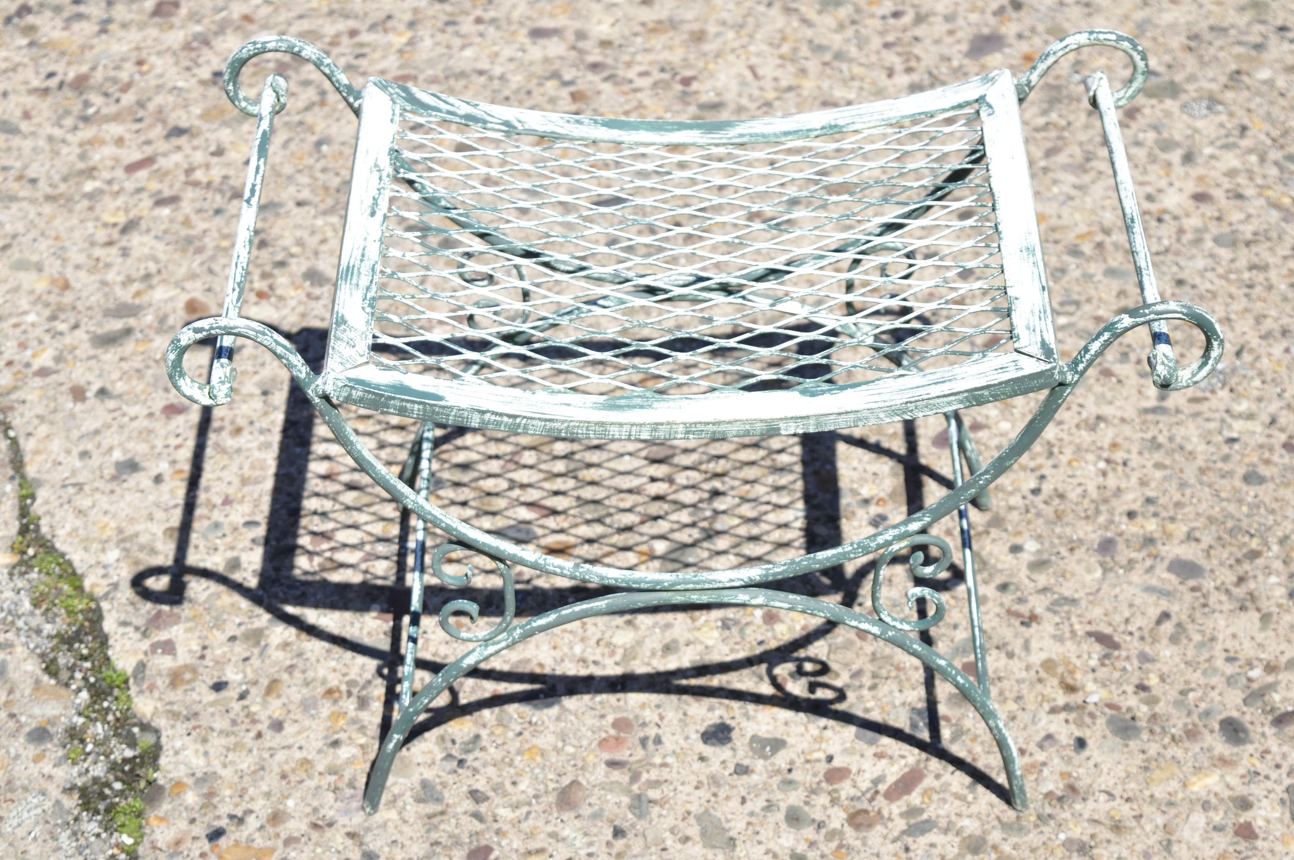 North American Vintage Wrought Iron Curule Mesh Bench Mid Century Green White Hollywood Regency