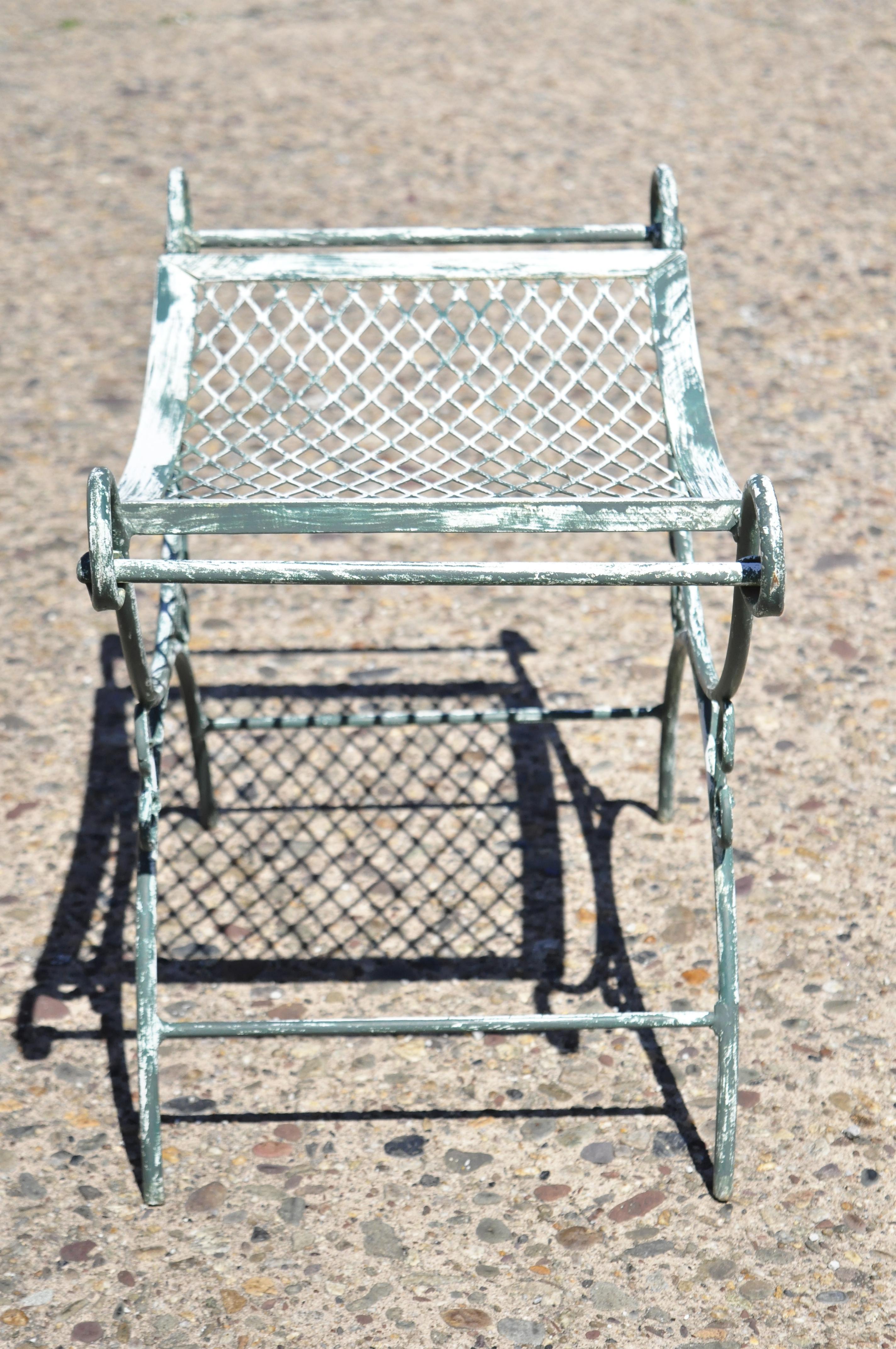 Vintage Wrought Iron Curule Mesh Bench Mid Century Green White Hollywood Regency 2