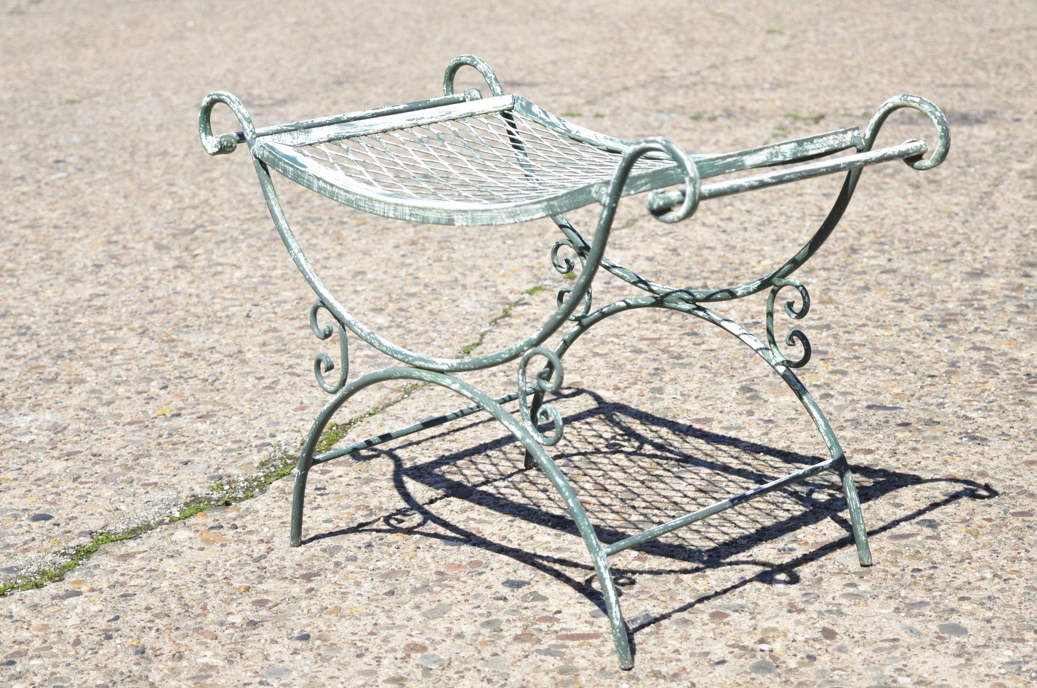 Vintage Wrought Iron Curule Mesh Bench Mid Century Green White Hollywood Regency 3