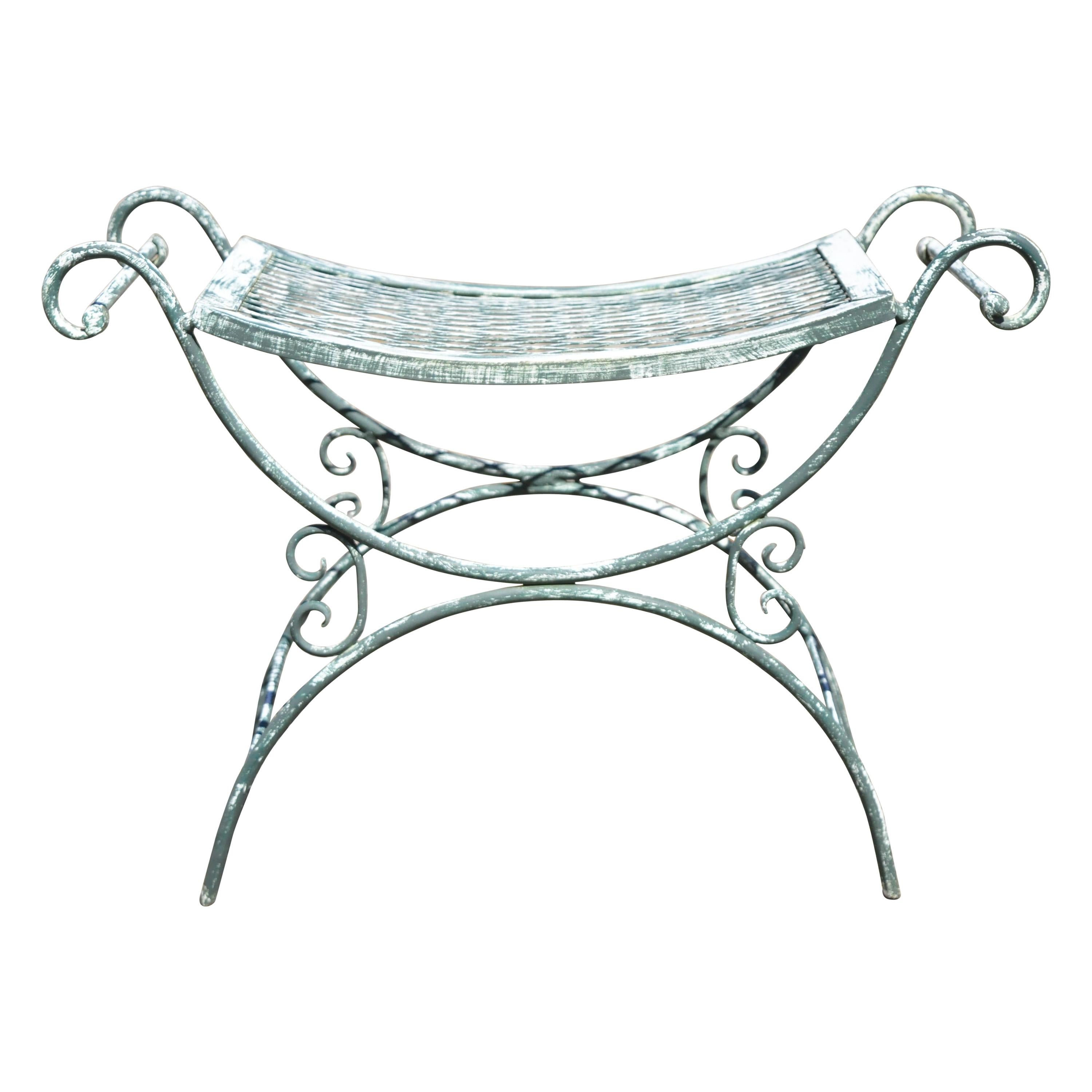 Vintage Wrought Iron Curule Mesh Bench Mid Century Green White Hollywood Regency