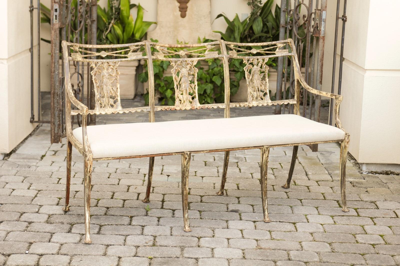 Vintage Wrought-Iron Diana the Huntress Pattern Garden Bench with Upholstery For Sale 5