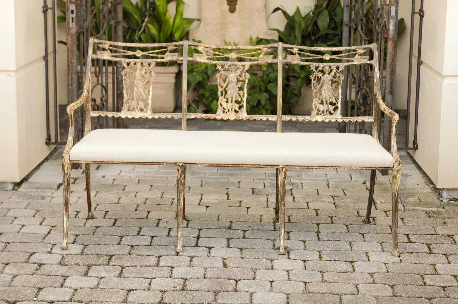 English Vintage Wrought-Iron Diana the Huntress Pattern Garden Bench with Upholstery For Sale