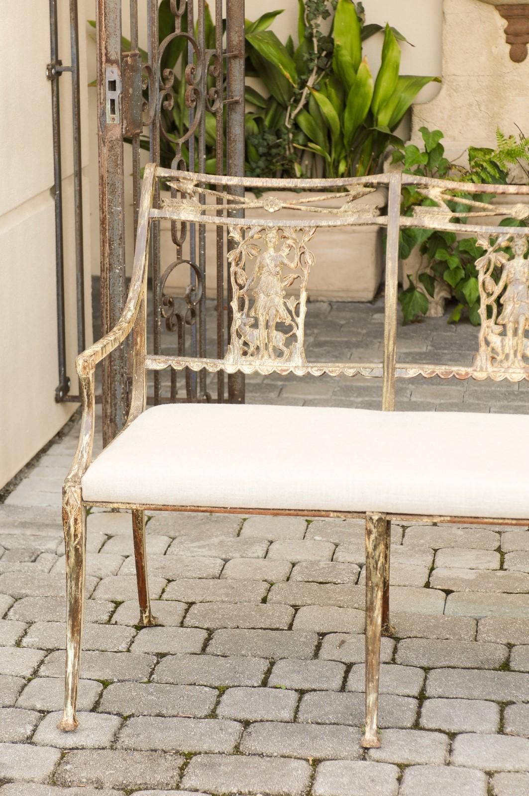 Vintage Wrought-Iron Diana the Huntress Pattern Garden Bench with Upholstery In Good Condition For Sale In Atlanta, GA