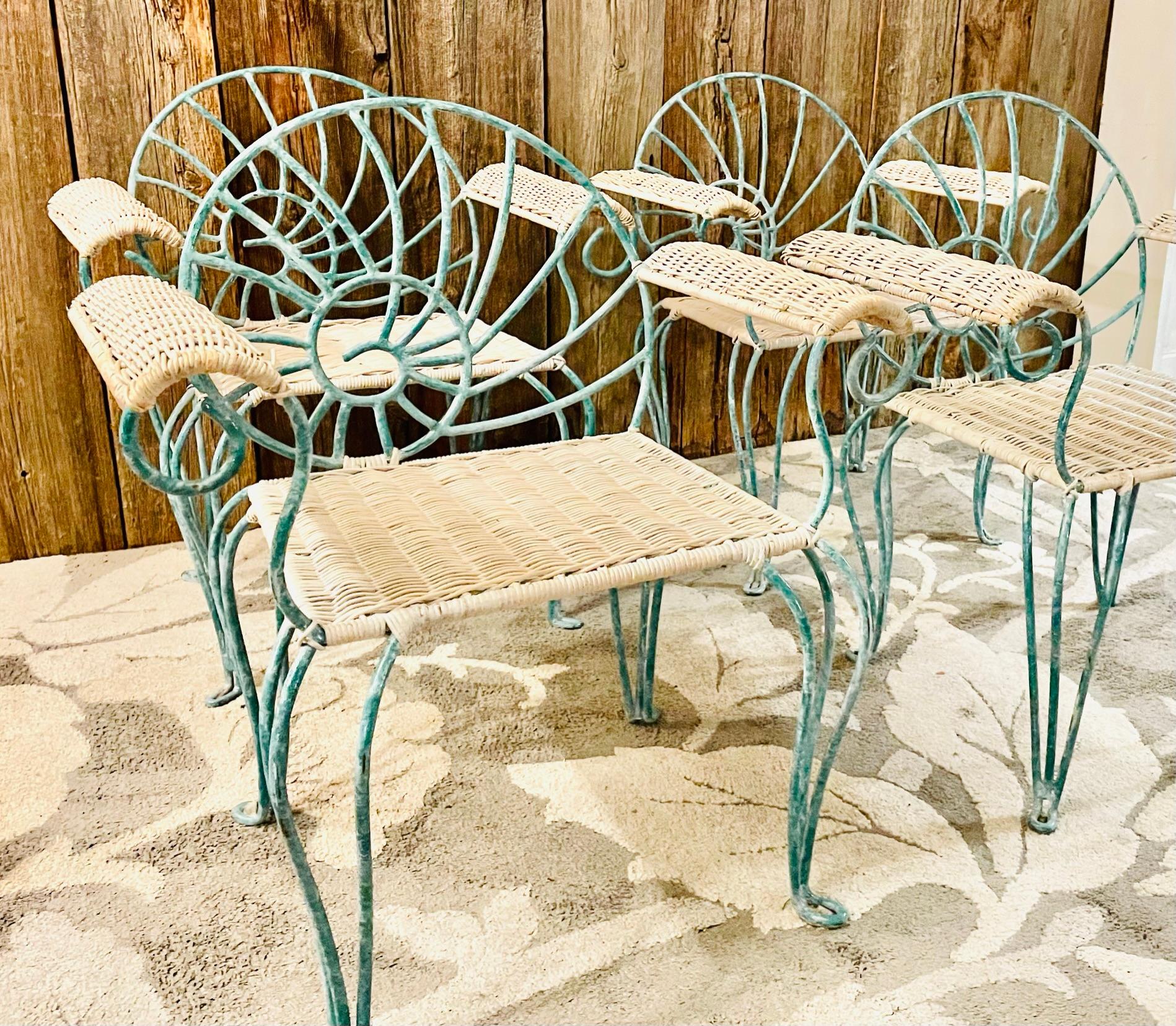 Vintage Wrought Iron Dining Chairs Arm Chairs with Wicker 11