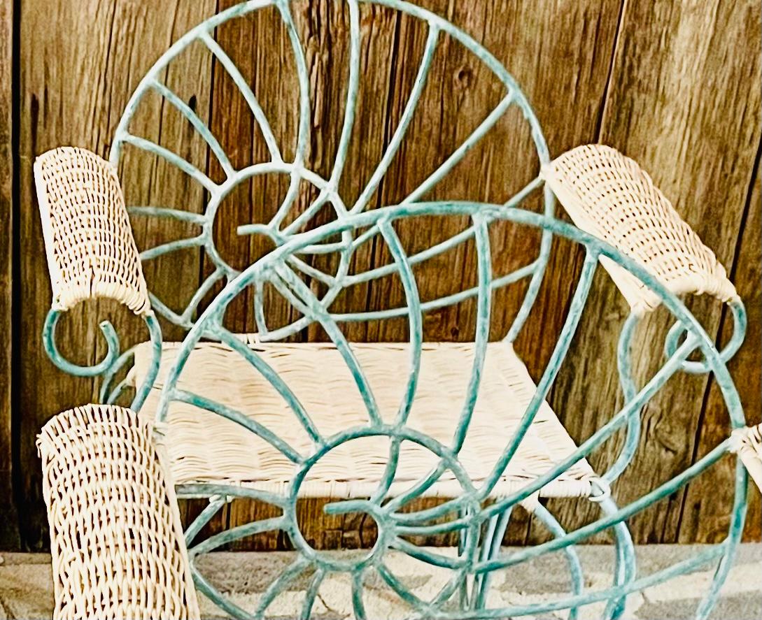 Vintage Wrought Iron Dining Chairs Arm Chairs with Wicker 13