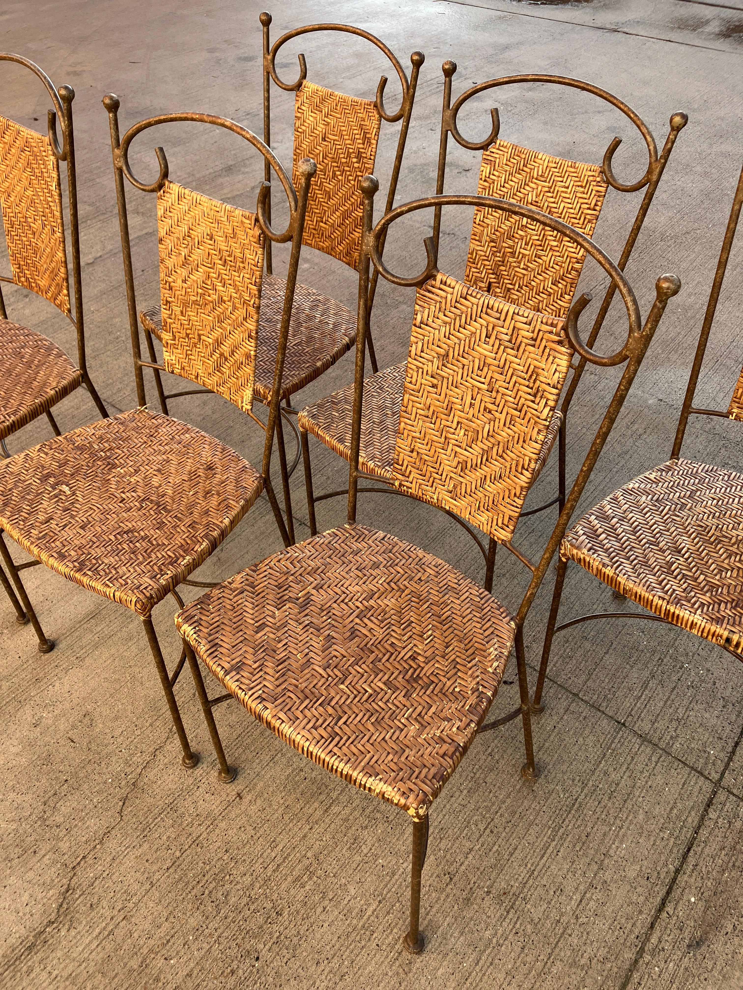 Vintage wrought Iron Dining Chairs with Wicker Seating x 6 For Sale 6