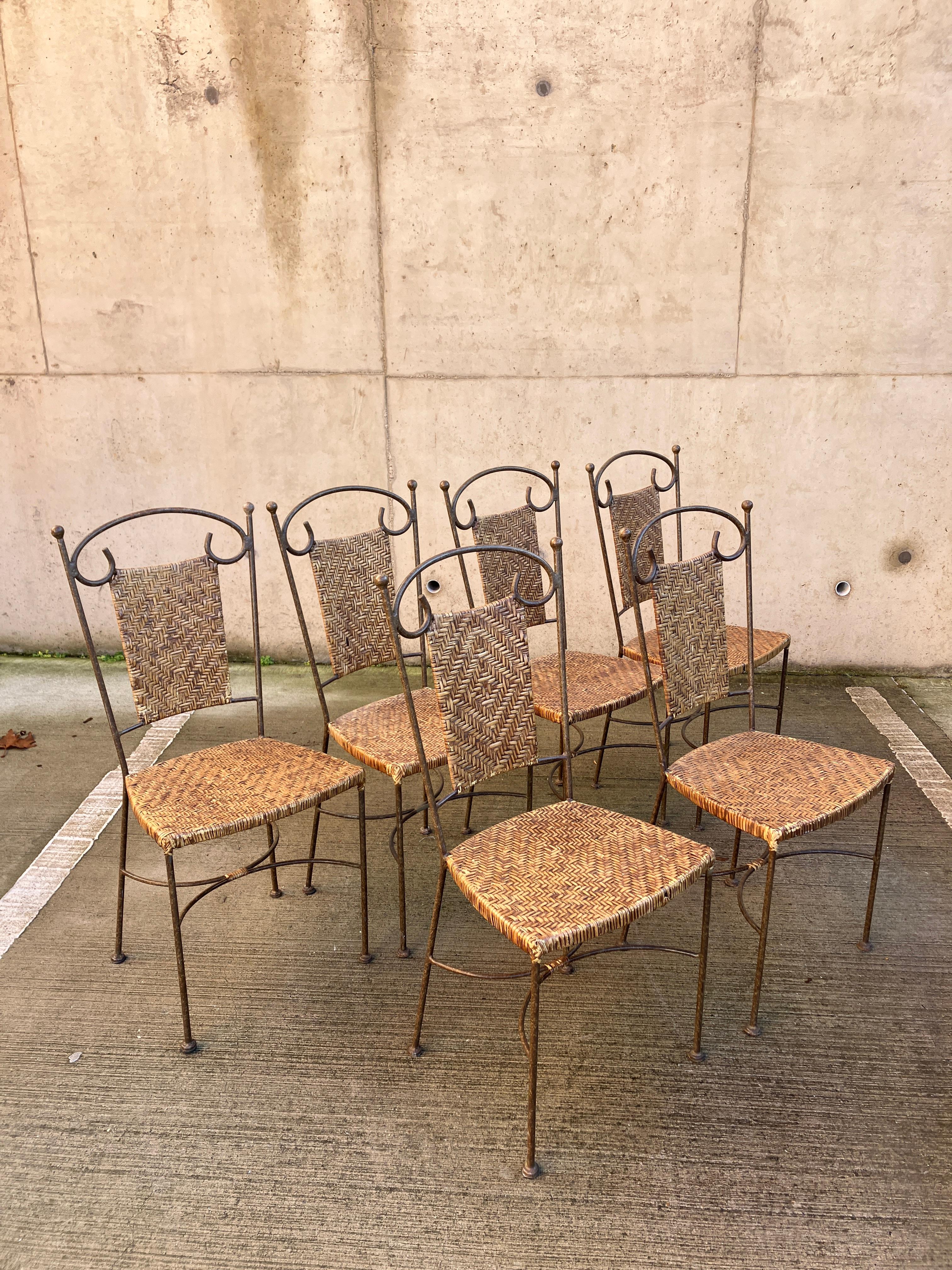 Vintage wrought Iron Dining Chairs with Wicker Seating x 6 For Sale 11