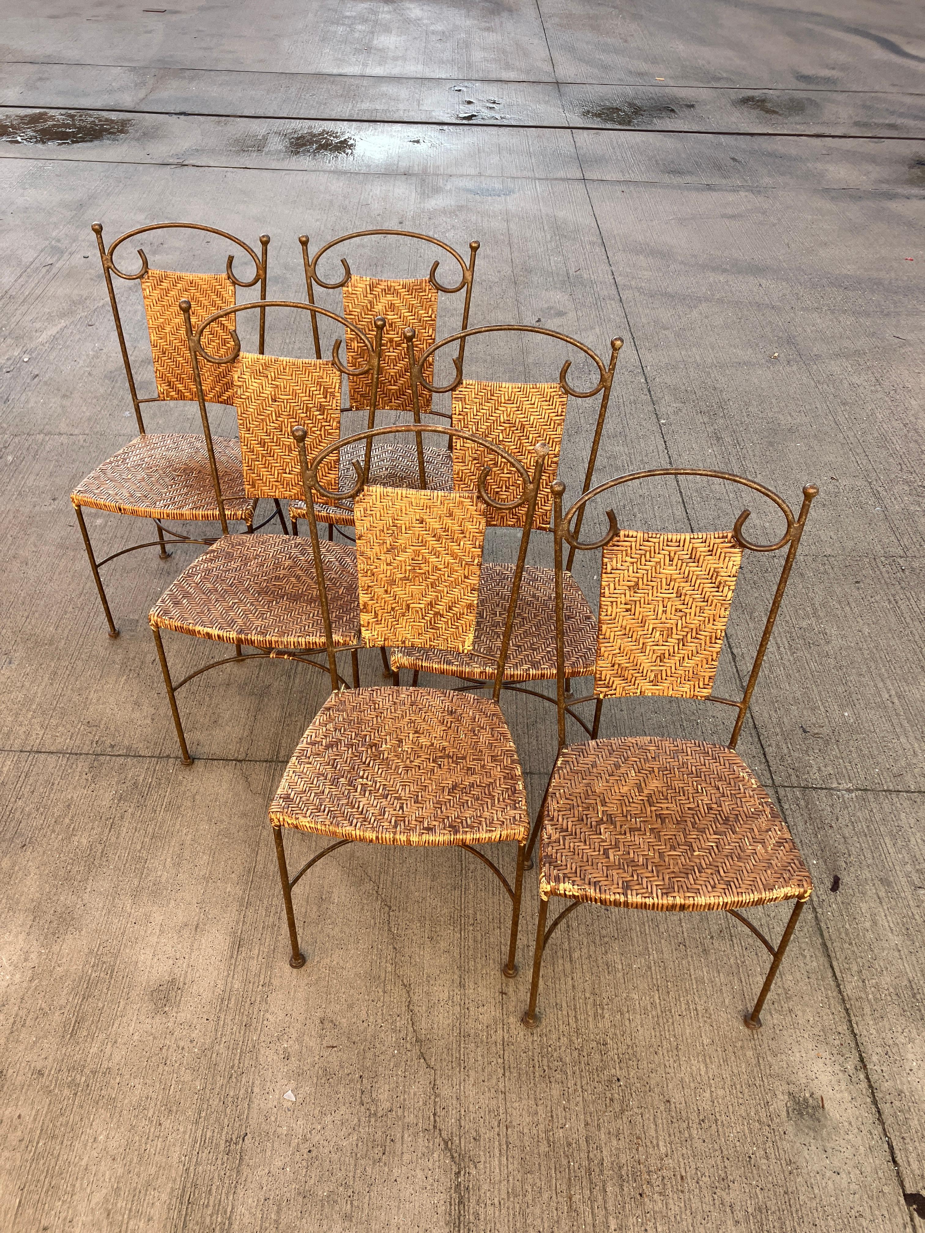 Metalwork Vintage wrought Iron Dining Chairs with Wicker Seating x 6 For Sale