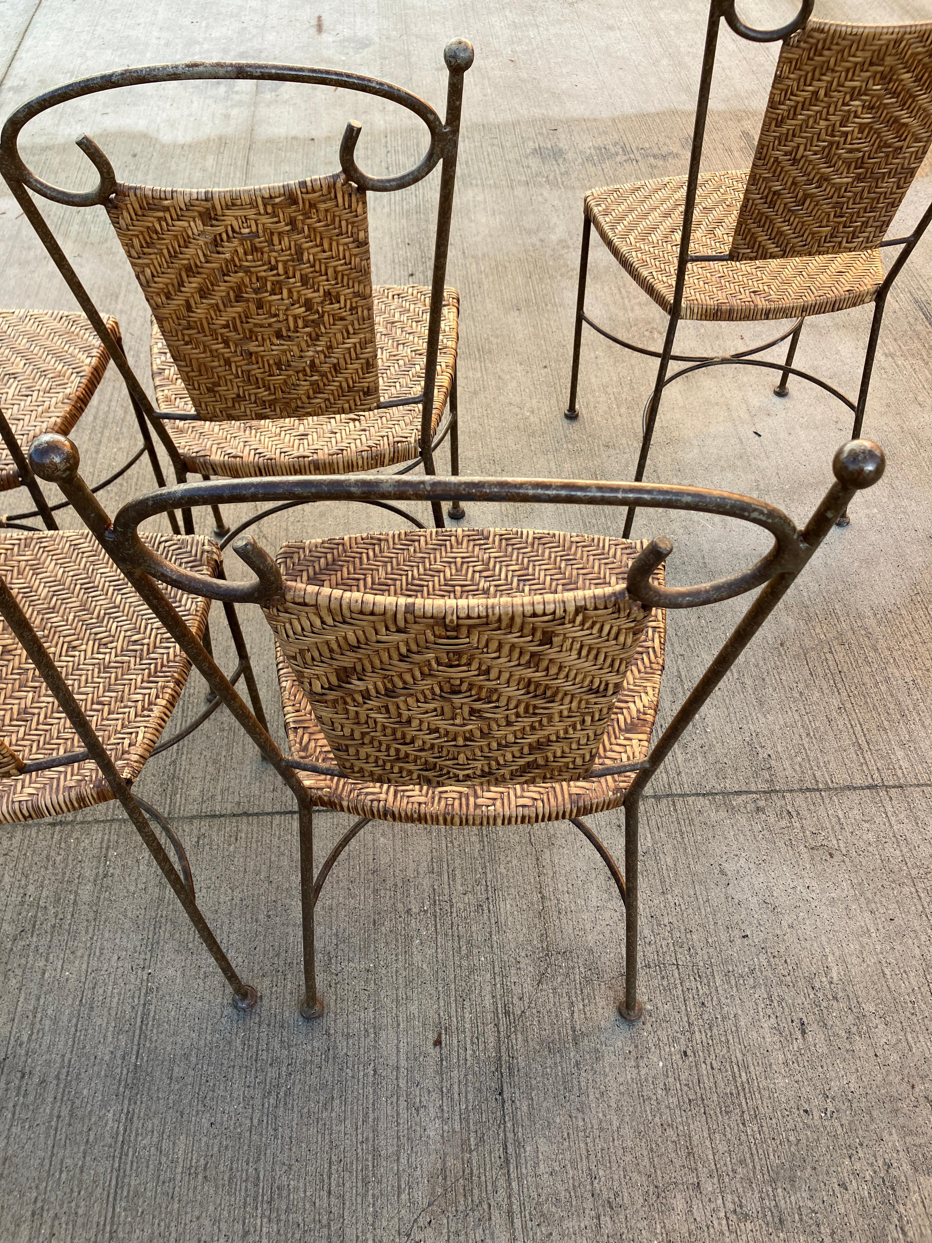 Vintage wrought Iron Dining Chairs with Wicker Seating x 6 In Good Condition In Leicester, GB