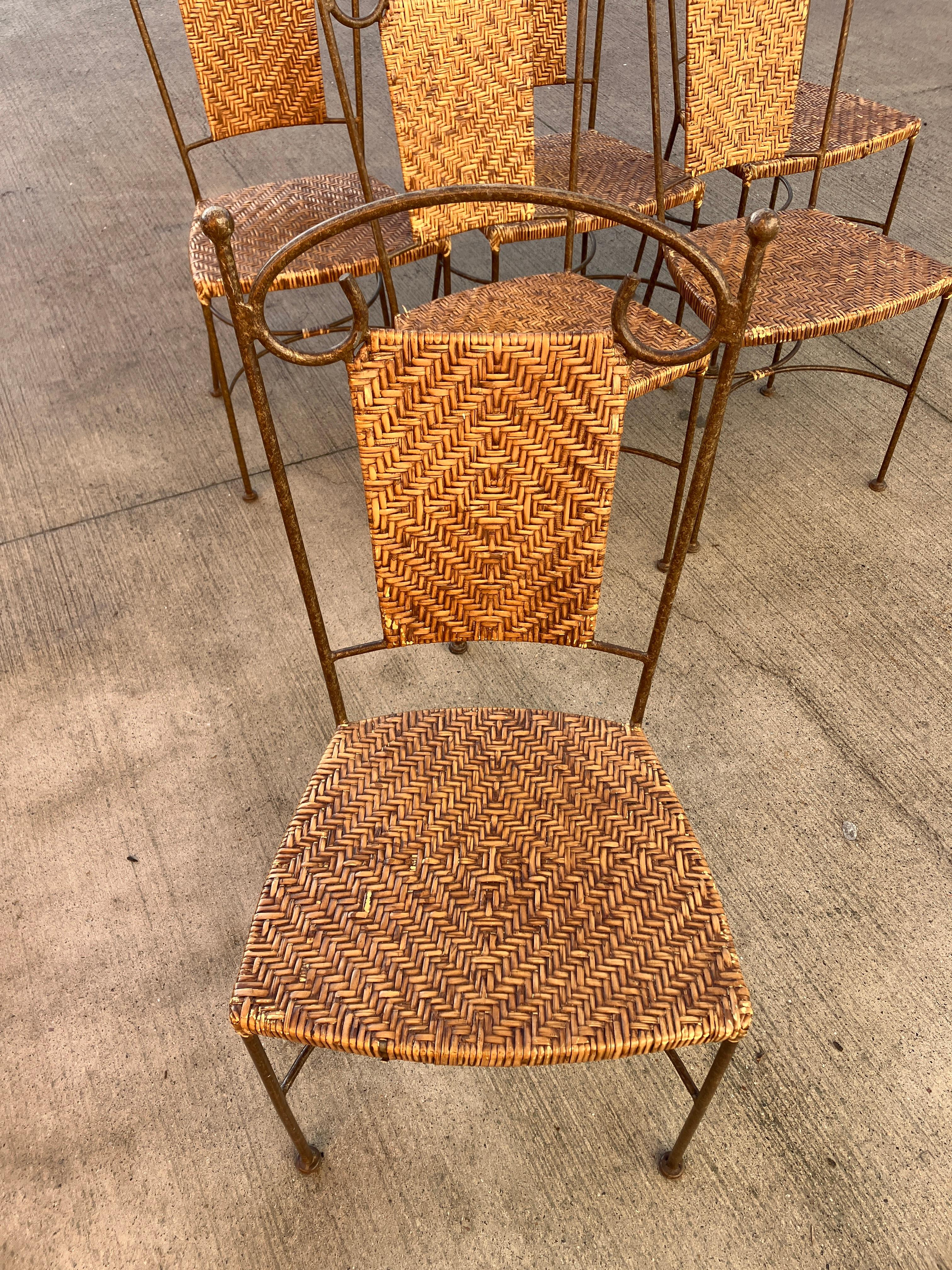 Late 20th Century Vintage wrought Iron Dining Chairs with Wicker Seating x 6