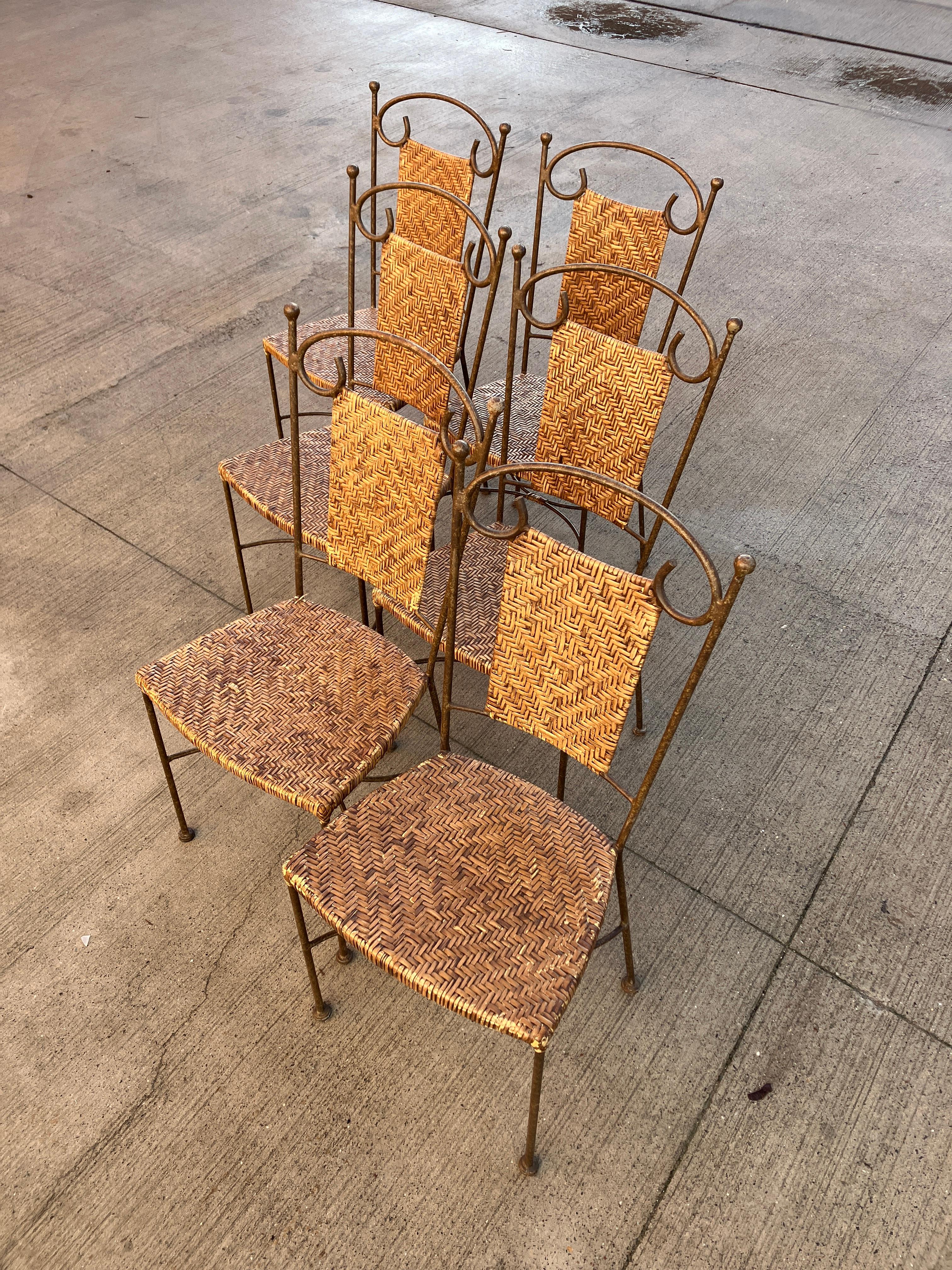 Vintage wrought Iron Dining Chairs with Wicker Seating x 6 For Sale 3