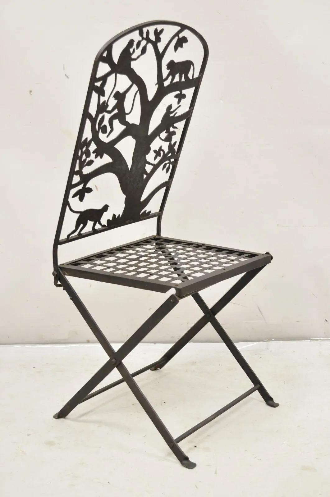 Vintage Wrought Iron Figural Monkeys In Tree Folding Garden Accent Chair For Sale 4