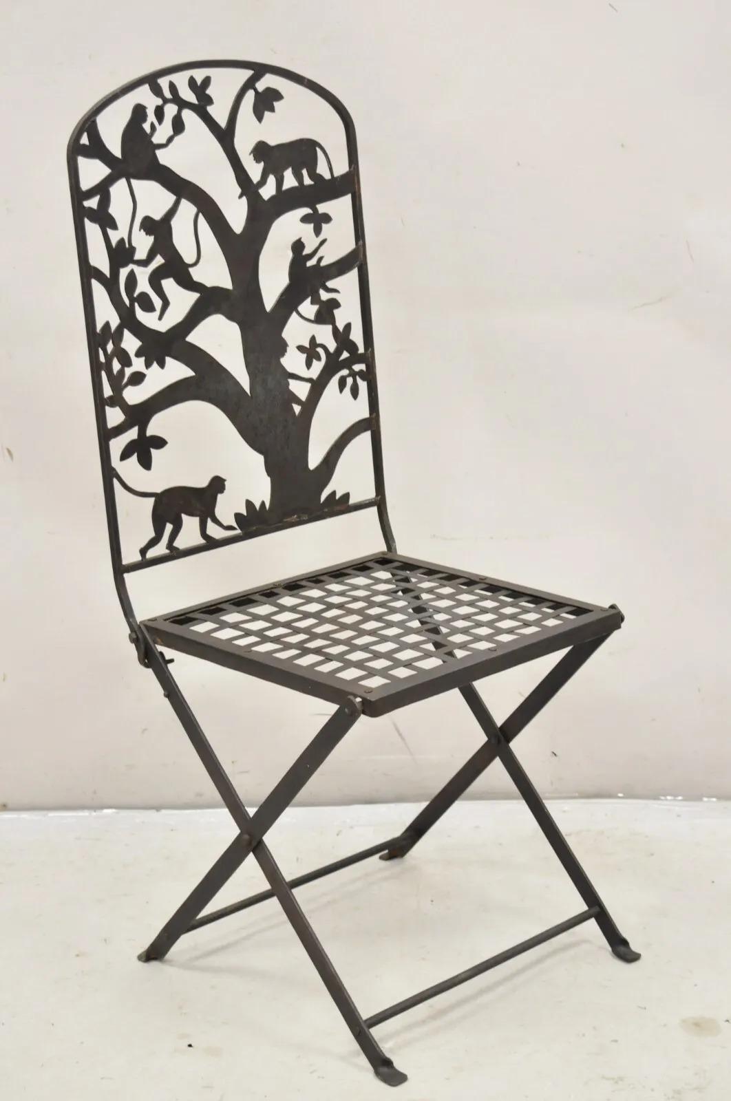 Vintage Wrought Iron Figural Monkeys In Tree Folding Garden Accent Chair For Sale 6