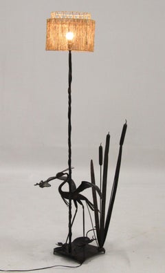 Vintage wrought iron floor lamp with heron, signed and dated 1971